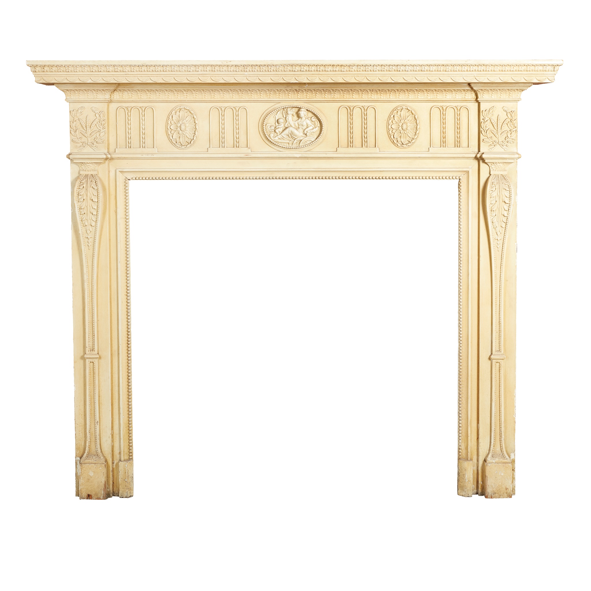 A LATE GEORGIAN PAINTED PINE AND GESSO FIRE SURROUND