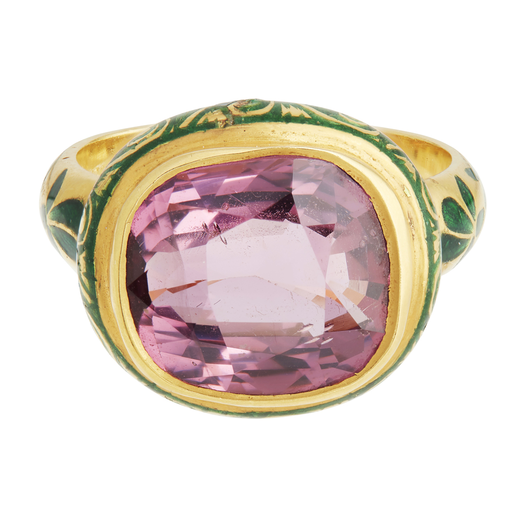 An Indian spinel set and enamelled ring