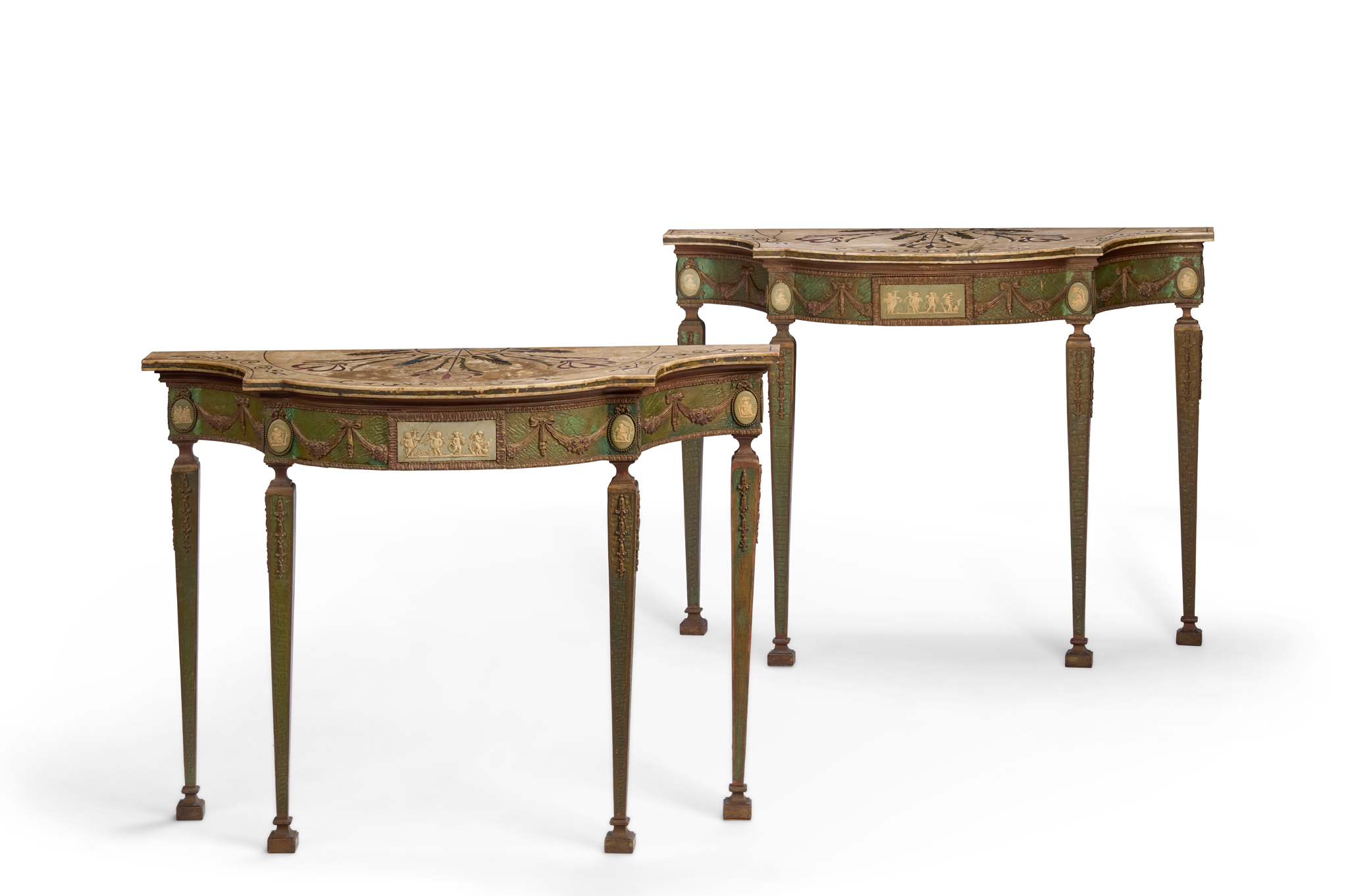PAIR OF GEORGE III STYLE MARBLE, SCAGLIOLA, PAINTED, AND JASPERWARE MOUNTED CONSOLE TABLES, IN THE MANNER OF PIETRO BOSSI