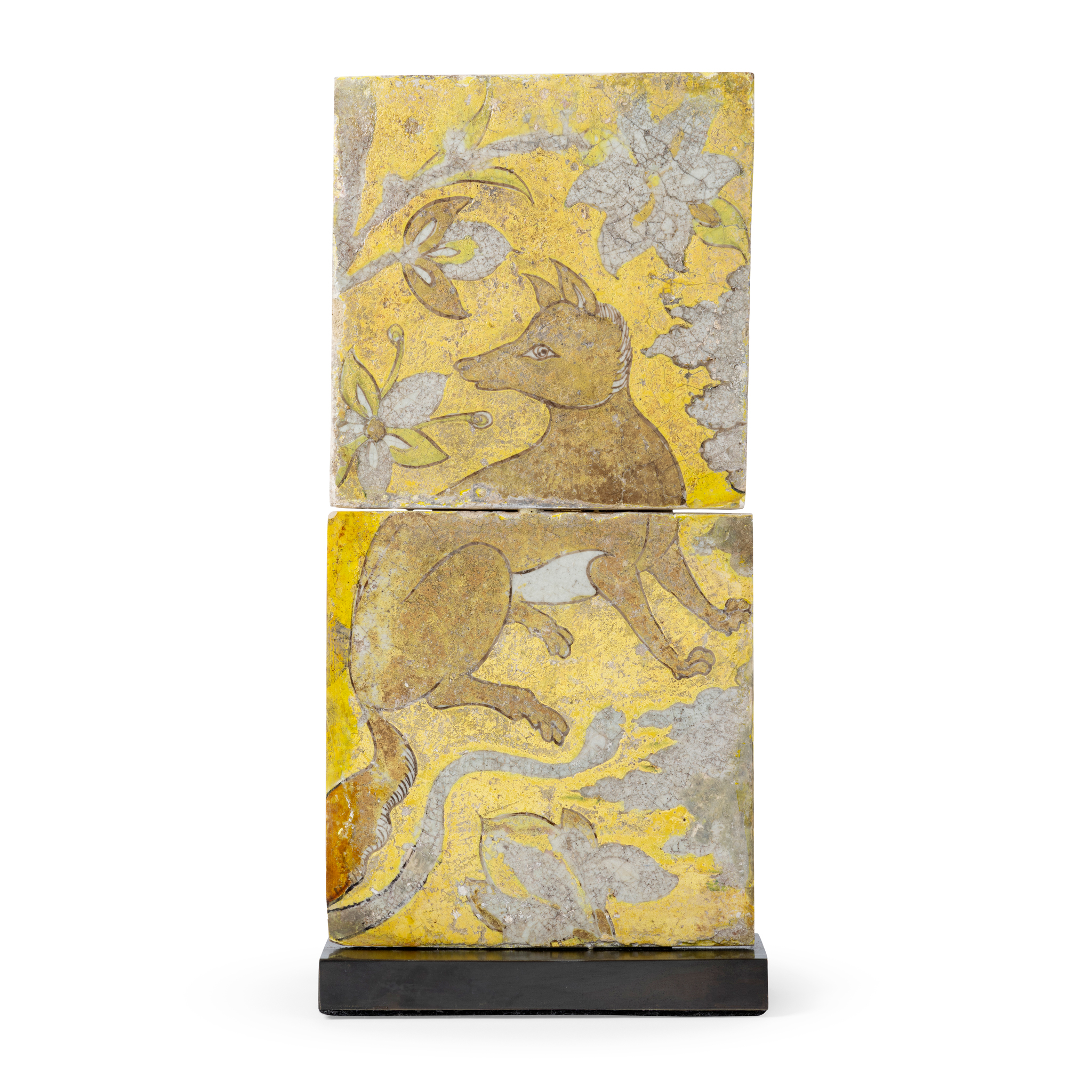 A PAIR OF SAFAVID CUERDA SECA POTTERY TILES WITH A FOX OR WILD DOG