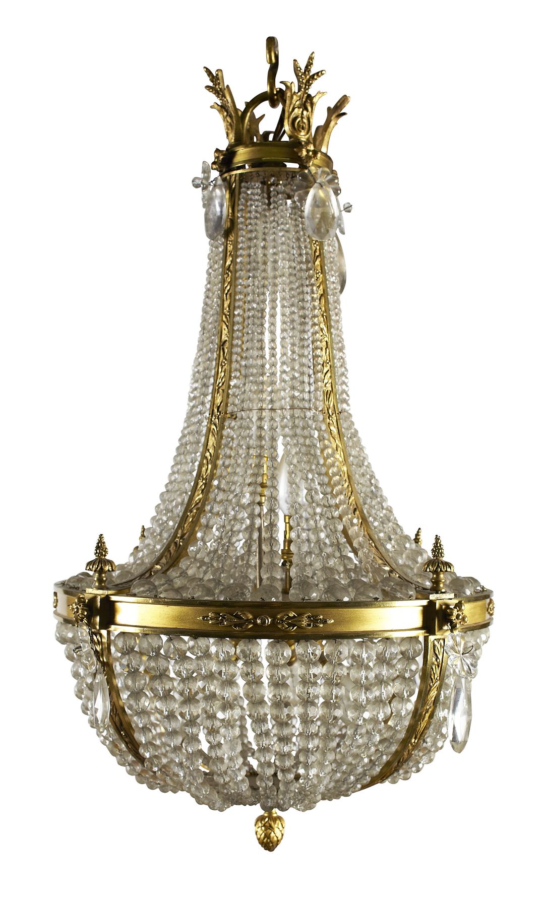 SET OF THREE EMPIRE STYLE CUT GLASS AND GILT METAL BASKET CHANDELIERS