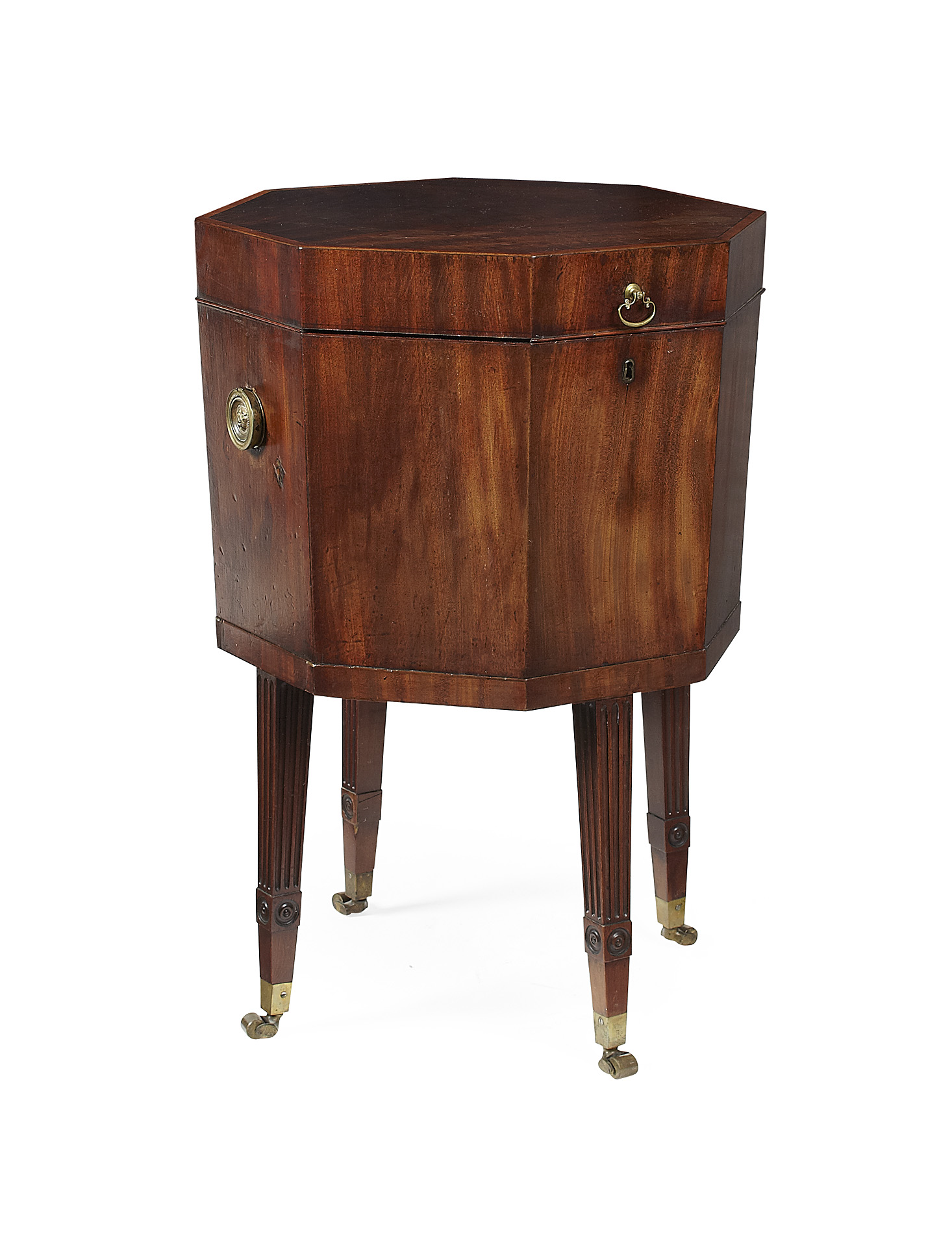 GEORGE III MAHOGANY AND SATINWOOD CROSSBANDED OCTAGONAL CELLARETTE