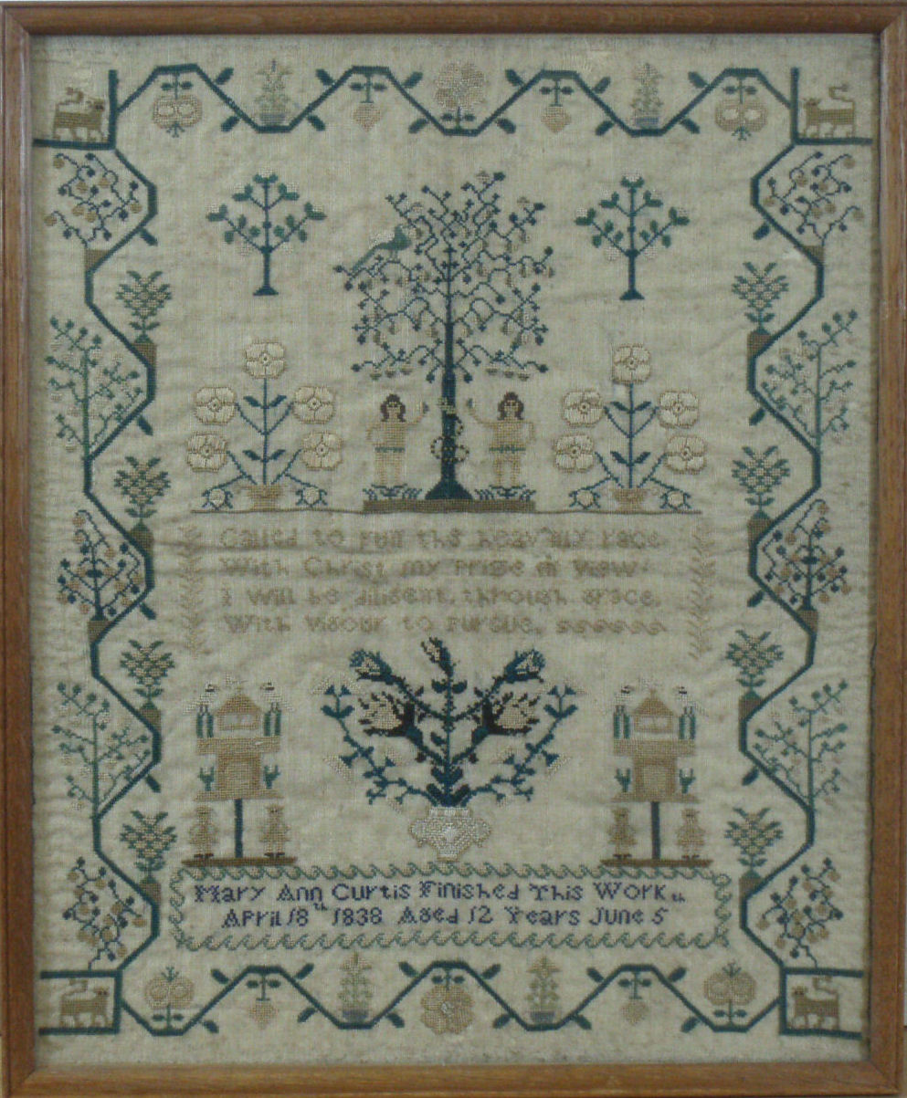 A 19th century Adam and Eve sampler By Mary Anne Curtis, aged twelve years, 1838