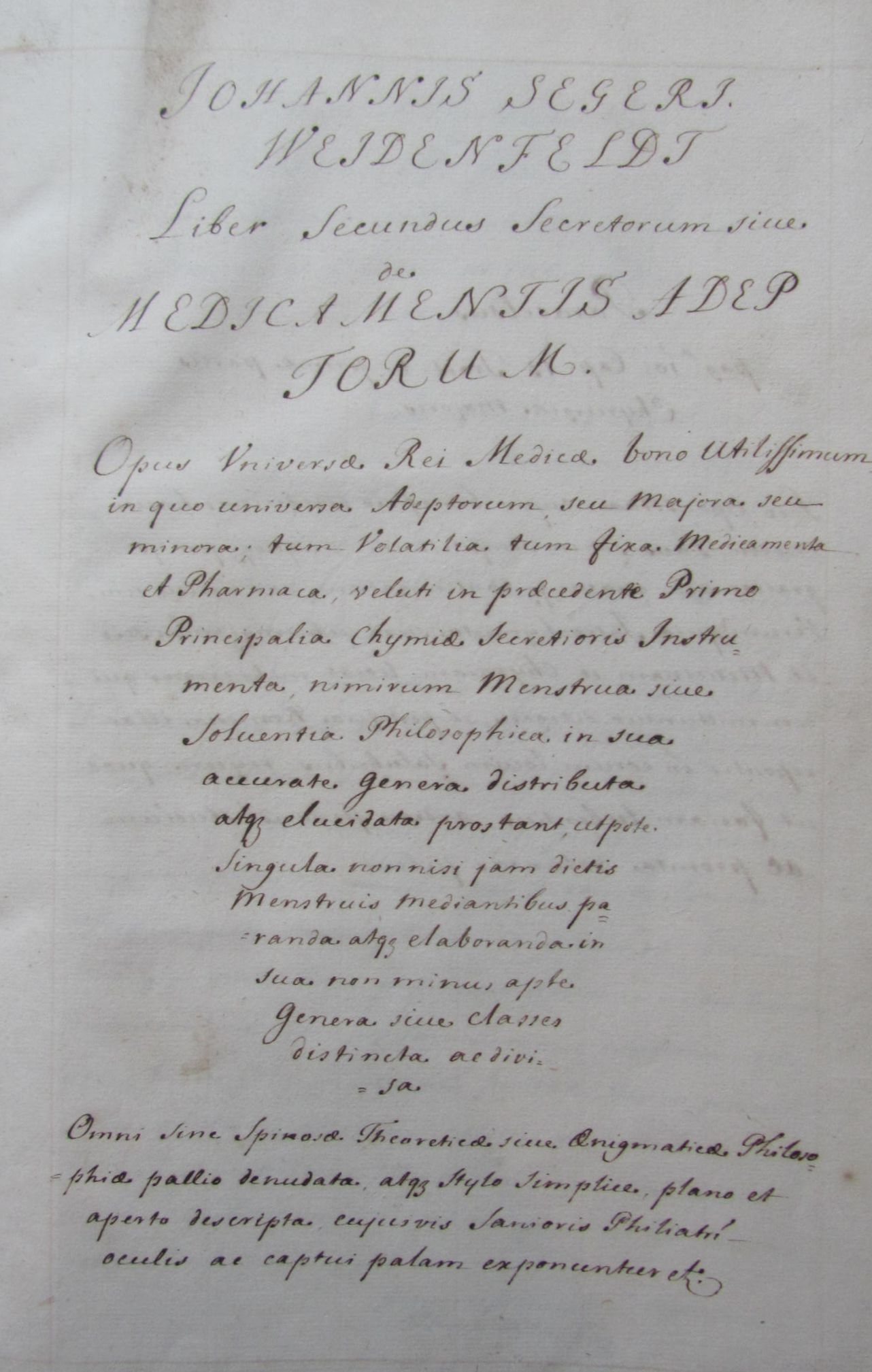 MANUSCRIPT - JOHANNIS SEGERI WEIDENFELDT