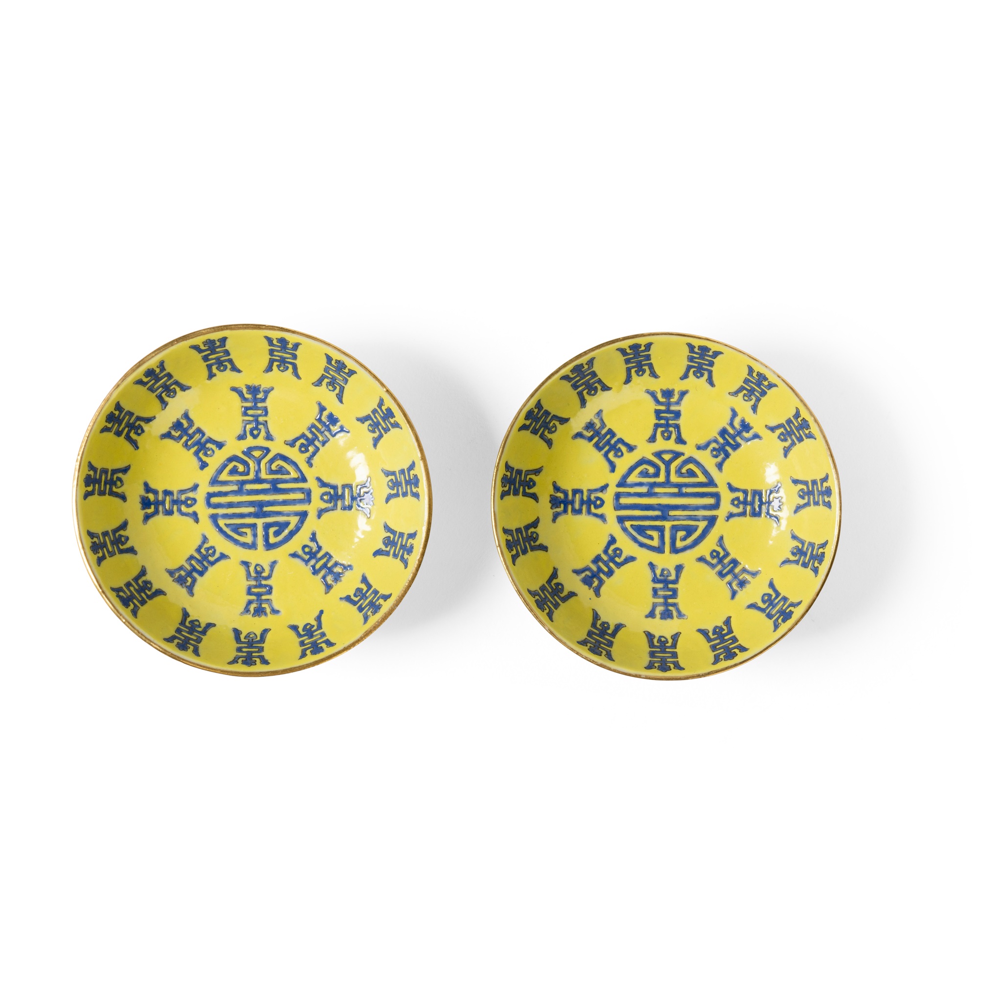 PAIR OF YELLOW-GROUND BLUE-ENAMELED 'SHOU' SAUCERS