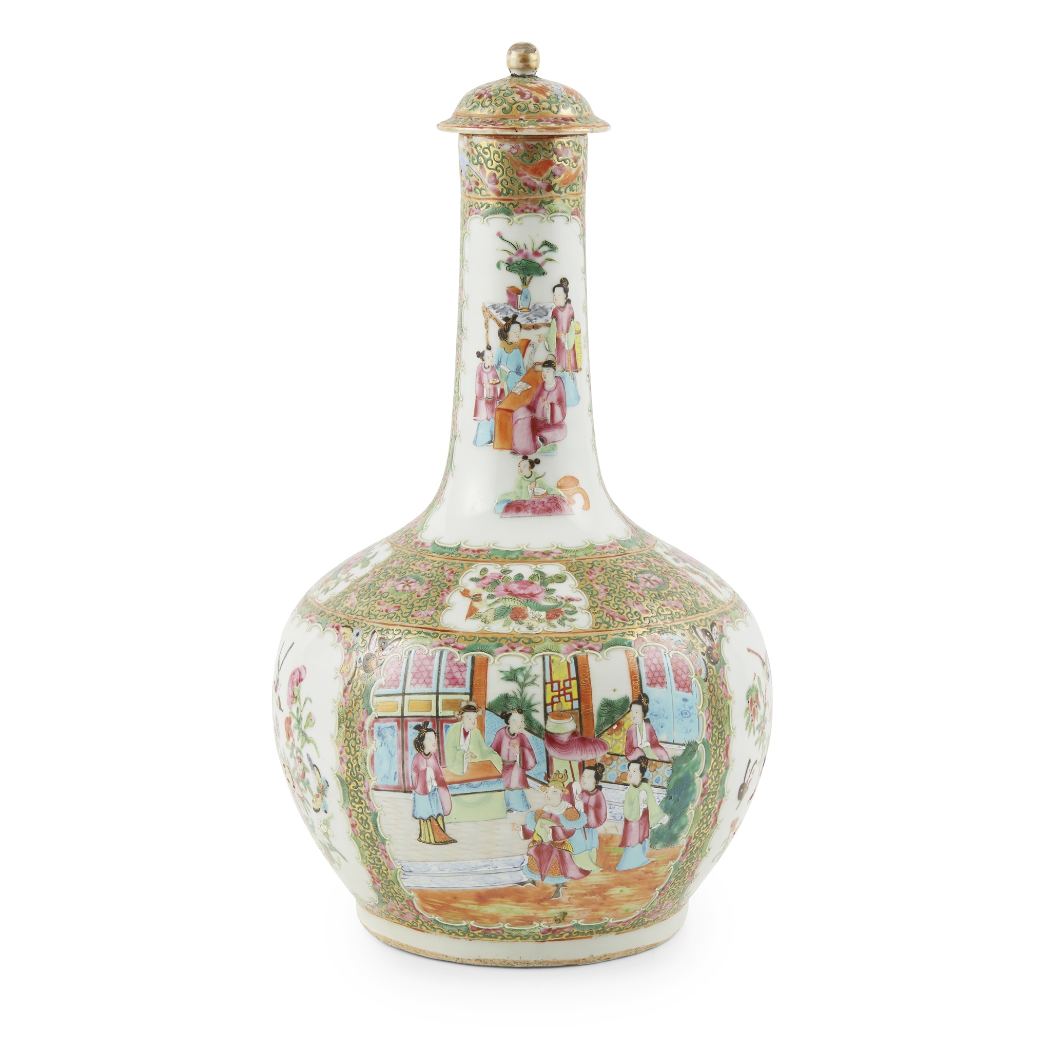 CANTON FAMILLE ROSE BOTTLE VASE AND COVER