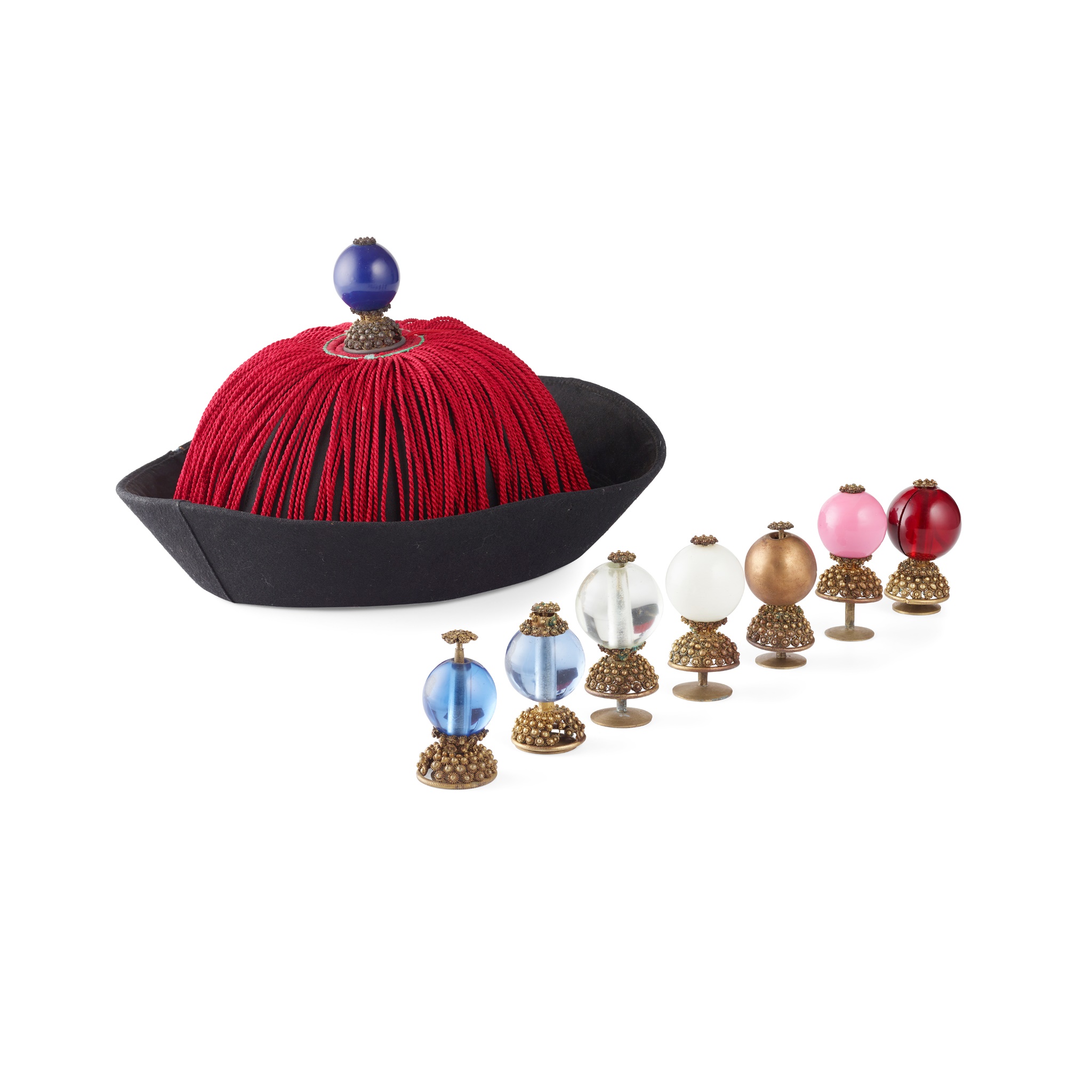 OFFICIAL'S HAT AND GROUP OF EIGHT GLASS AND GILT BRONZE HAT FINIALS