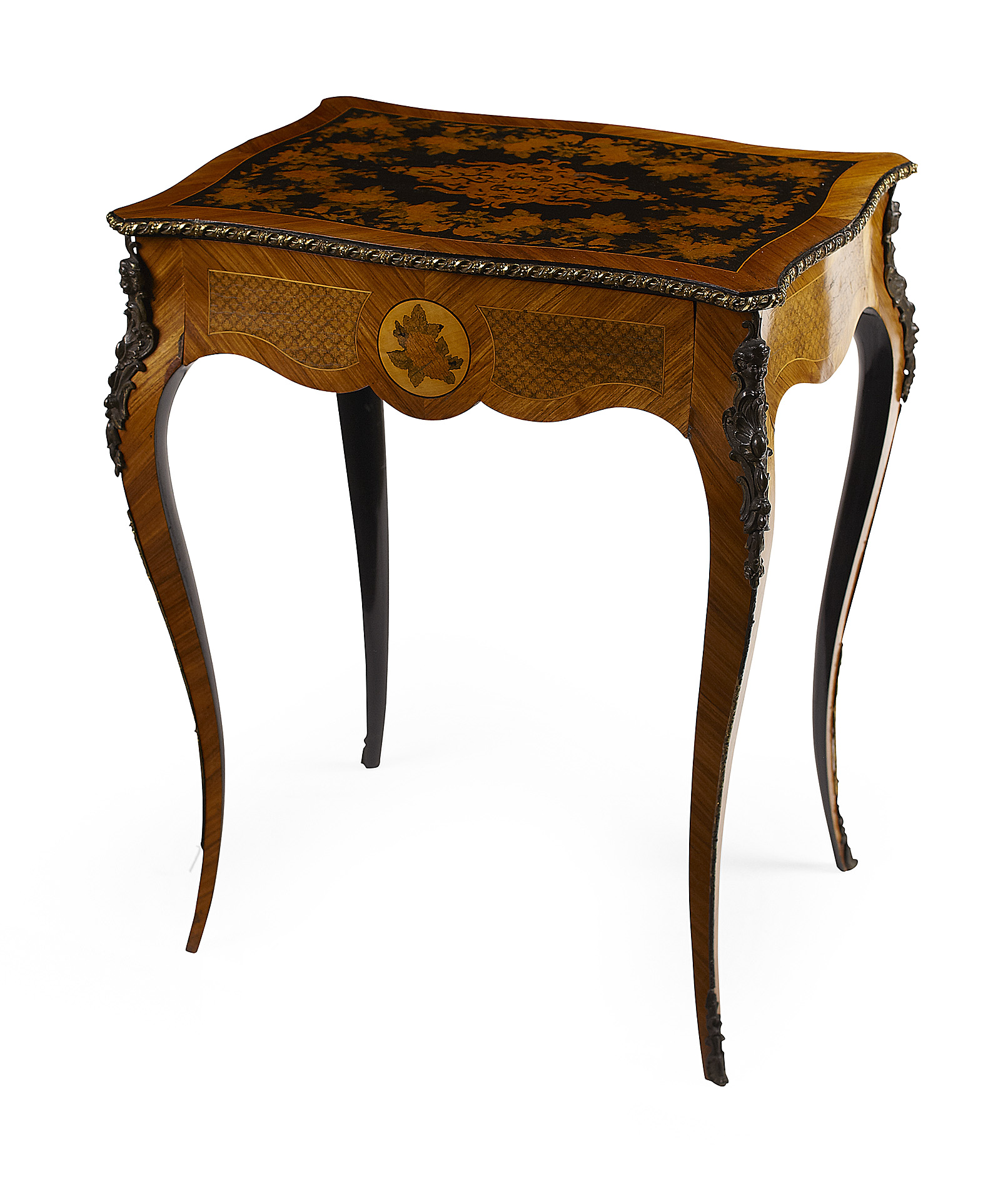 VICTORIAN GILT METAL MOUNTED TULIPWOOD AND PARQUETRY INLAID SIDE TABLE