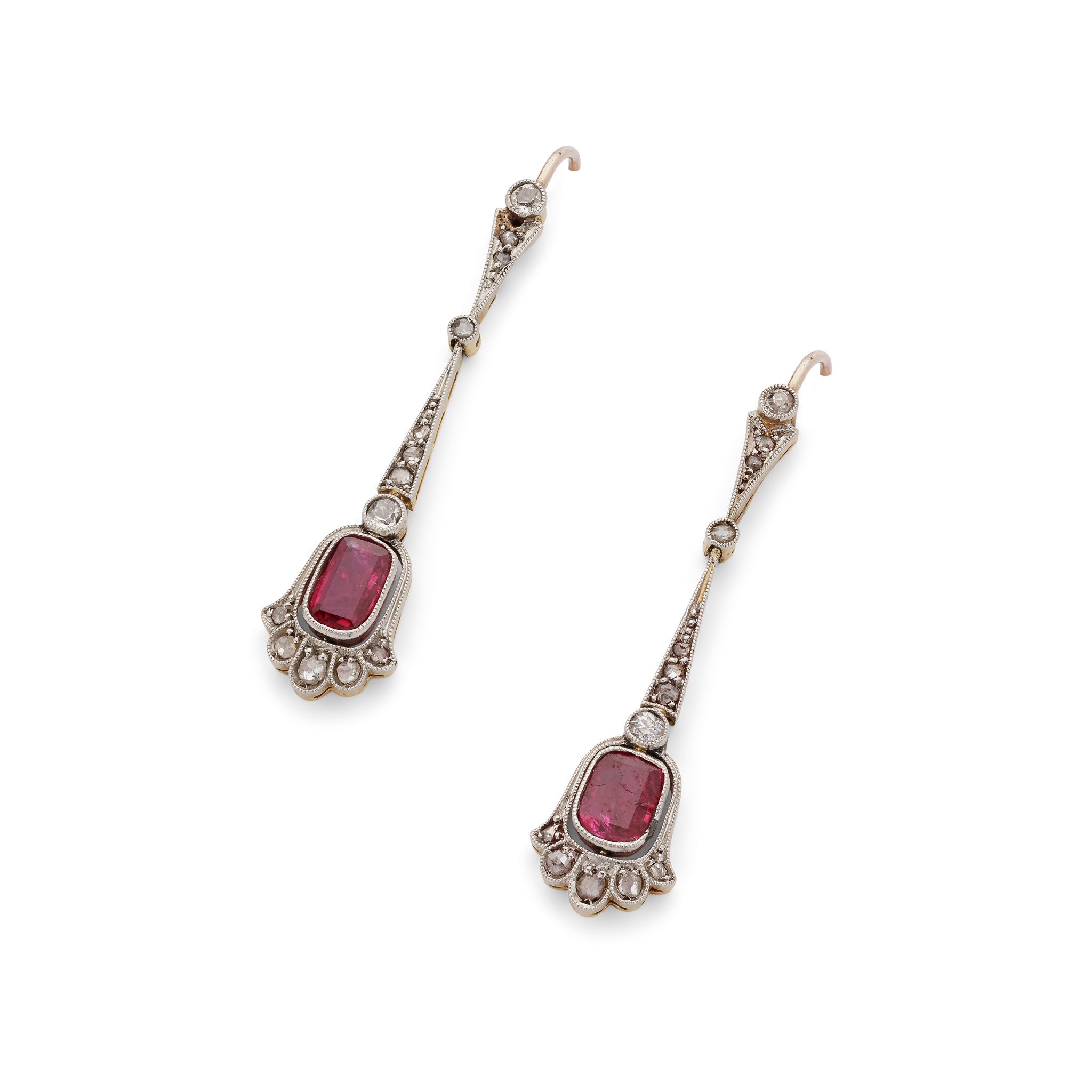 A pair of ruby and diamond pendent earrings