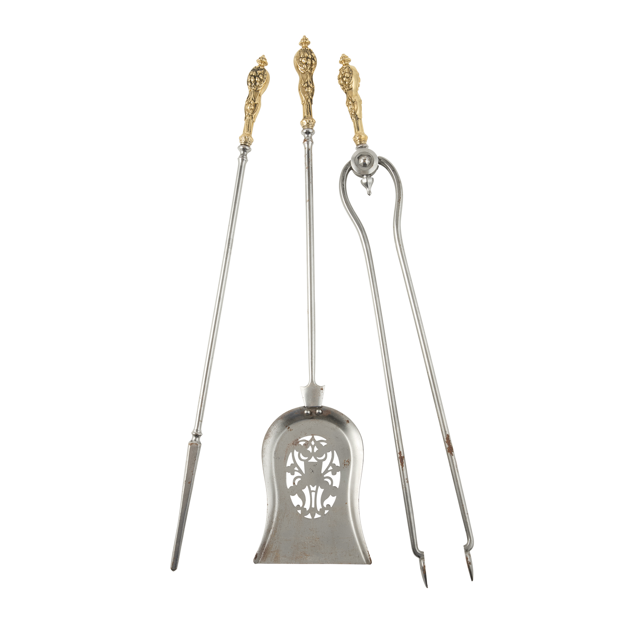 SET OF LATE GEORGIAN STEEL AND BRASS FIRE IRONS