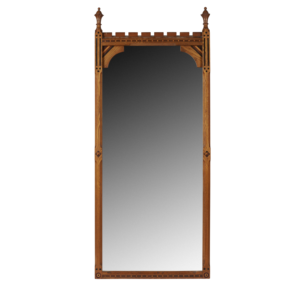 AN INLAID OAK WALL MIRROR ATTRIBUTED TO CHARLES BEVAN