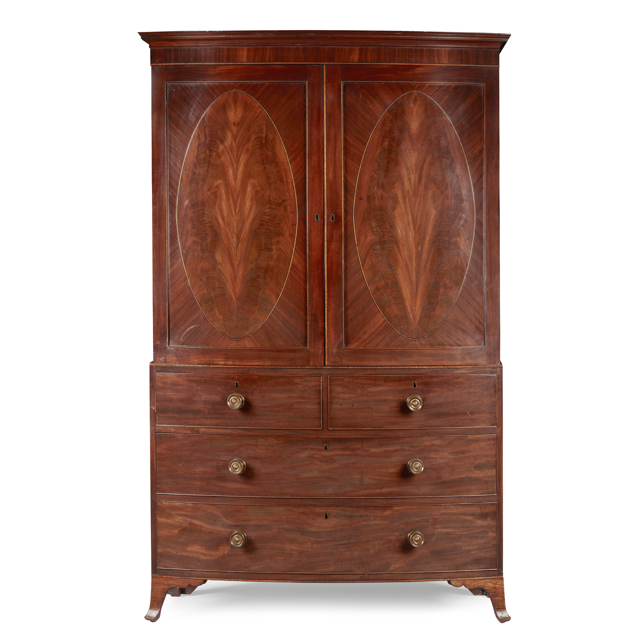 LATE GEORGE III MAHOGANY BOWFRONT LINEN PRESS