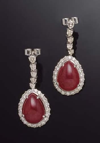 A pair of ruby and diamond pendant earrings,