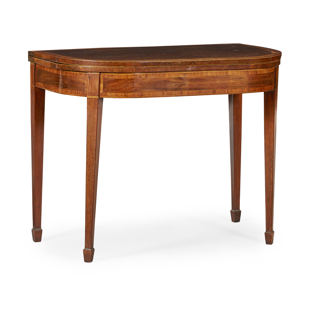 LATE GEORGE III MAHOGANY, SATINWOOD AND KINGWOOD FOLD-OVER TEA TABLE