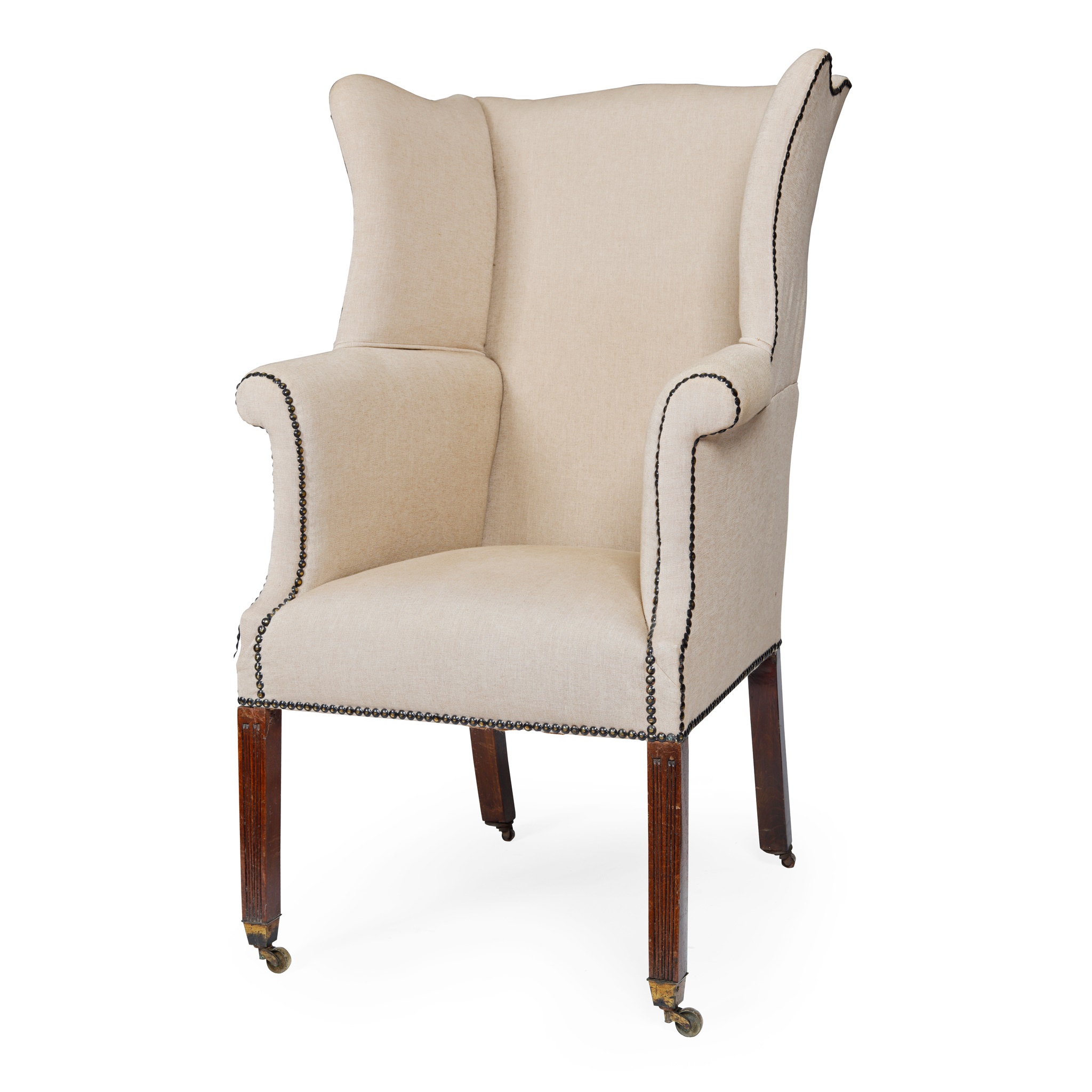 GEORGE III MAHOGANY FRAMED UPHOLSTERED WING ARMCHAIR