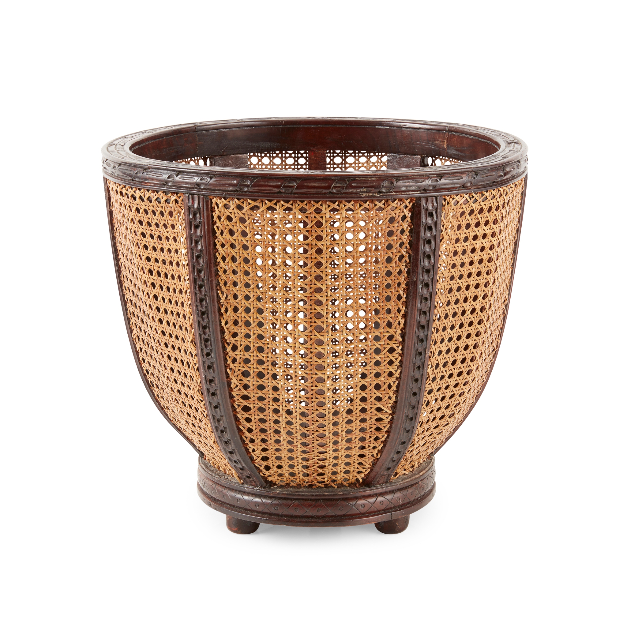 EDWARDIAN MAHOGANY AND CANEWORK WASTE PAPER BASKET