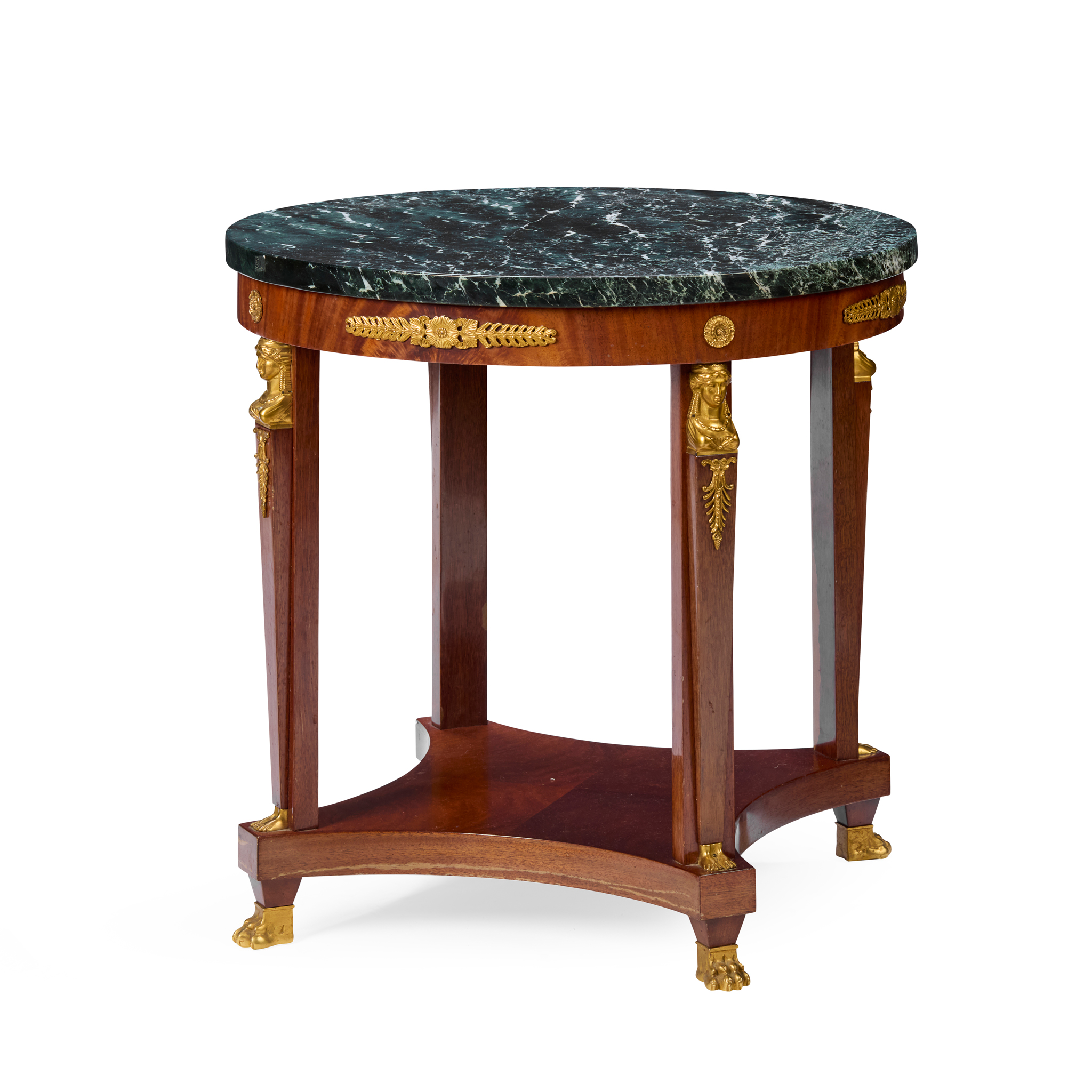 A FRENCH EMPIRE STYLE MAHOGANY AND GILT METAL MOUNTED MARBLE TOPPED CENTRE TABLE