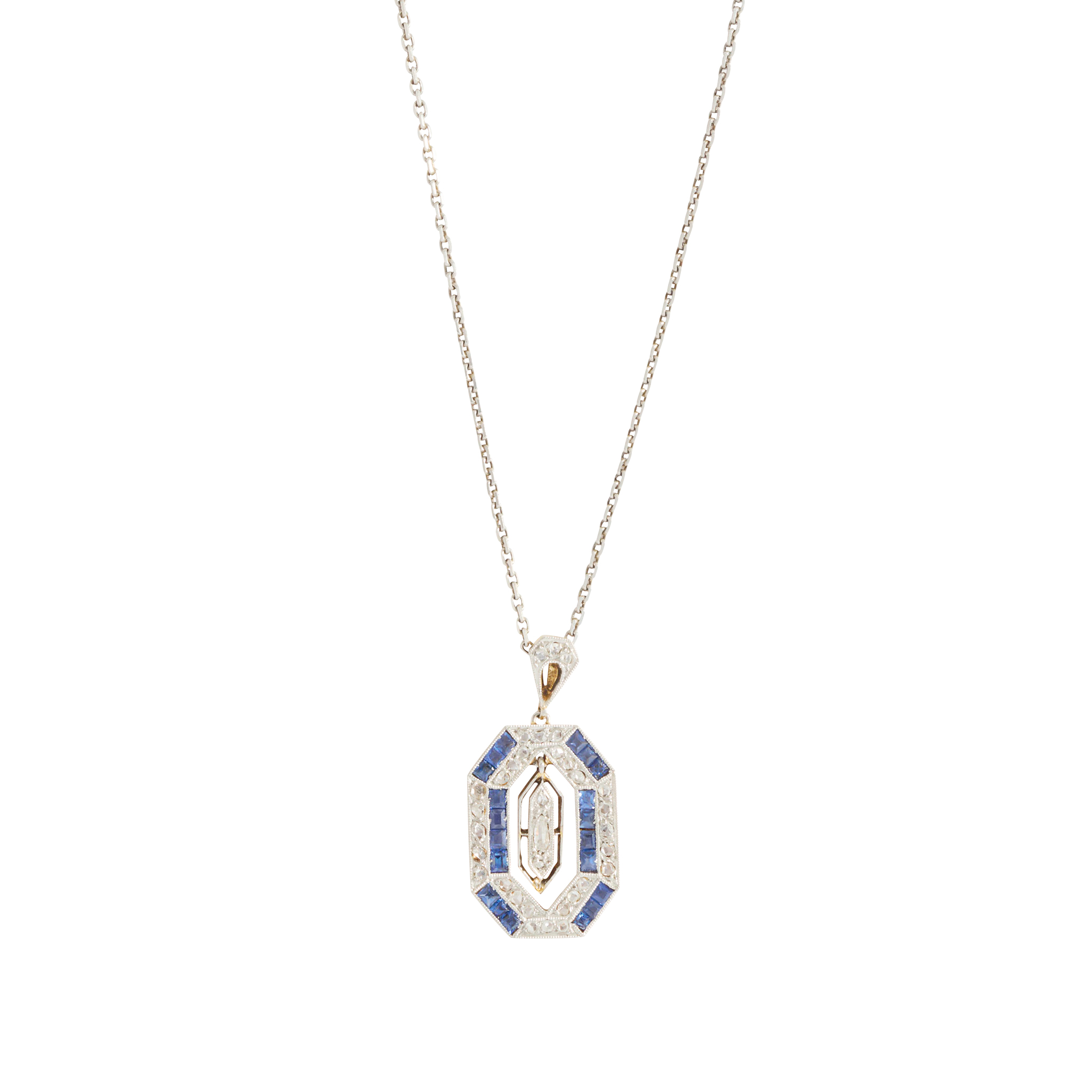 A rectangular sapphire and diamond pendant necklace