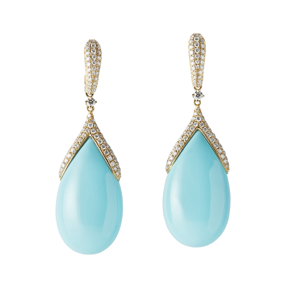 A pair of diamond set turquoise pendant earrings