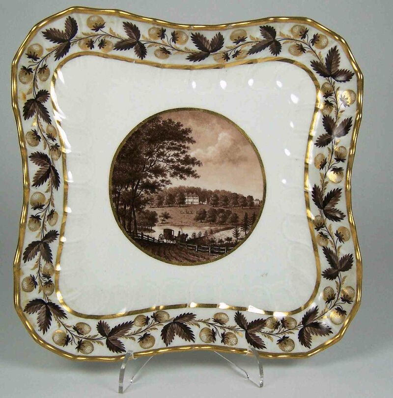 A Flight & Barr shaped square topographical fruit dish depicting Felbrig Hall, Norfolk, circa 1795