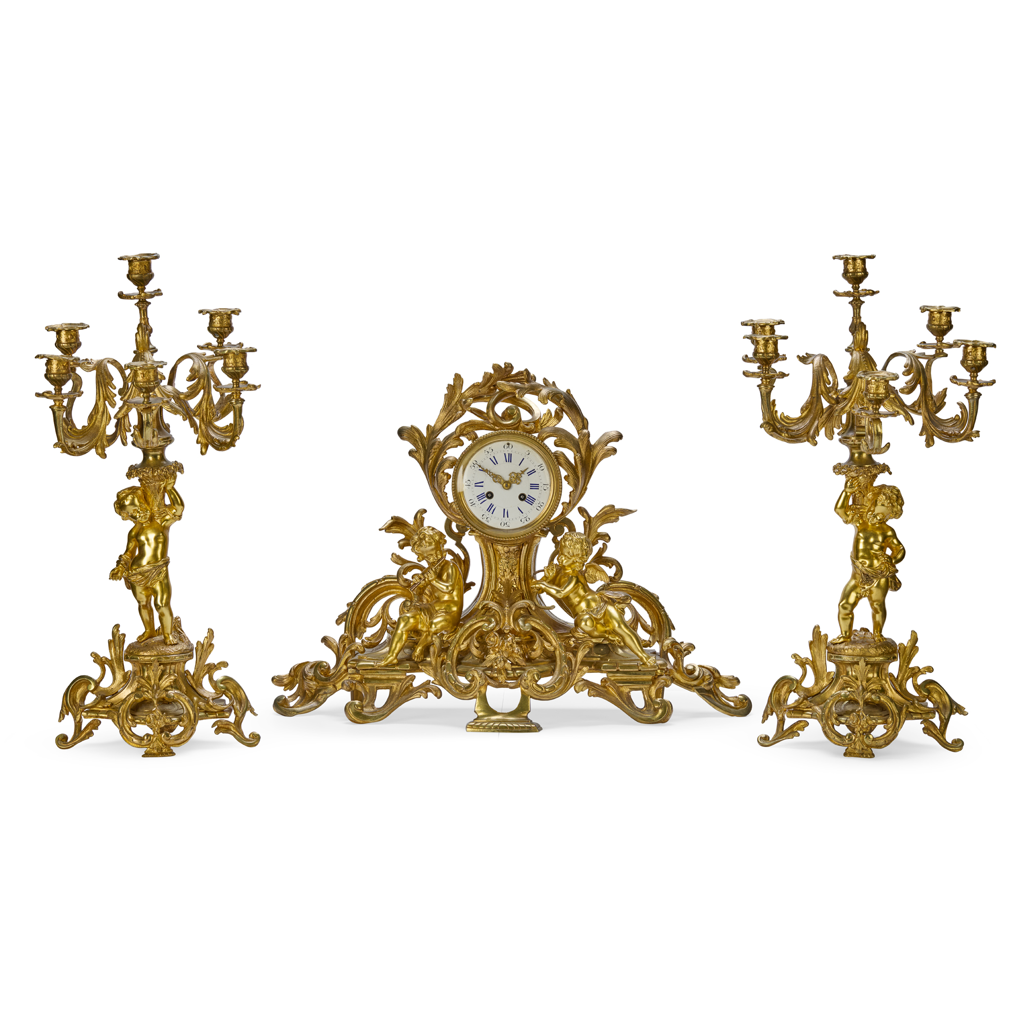 A NAPOLEON III THREE PIECE GILT BRONZE CLOCK GARNITURE