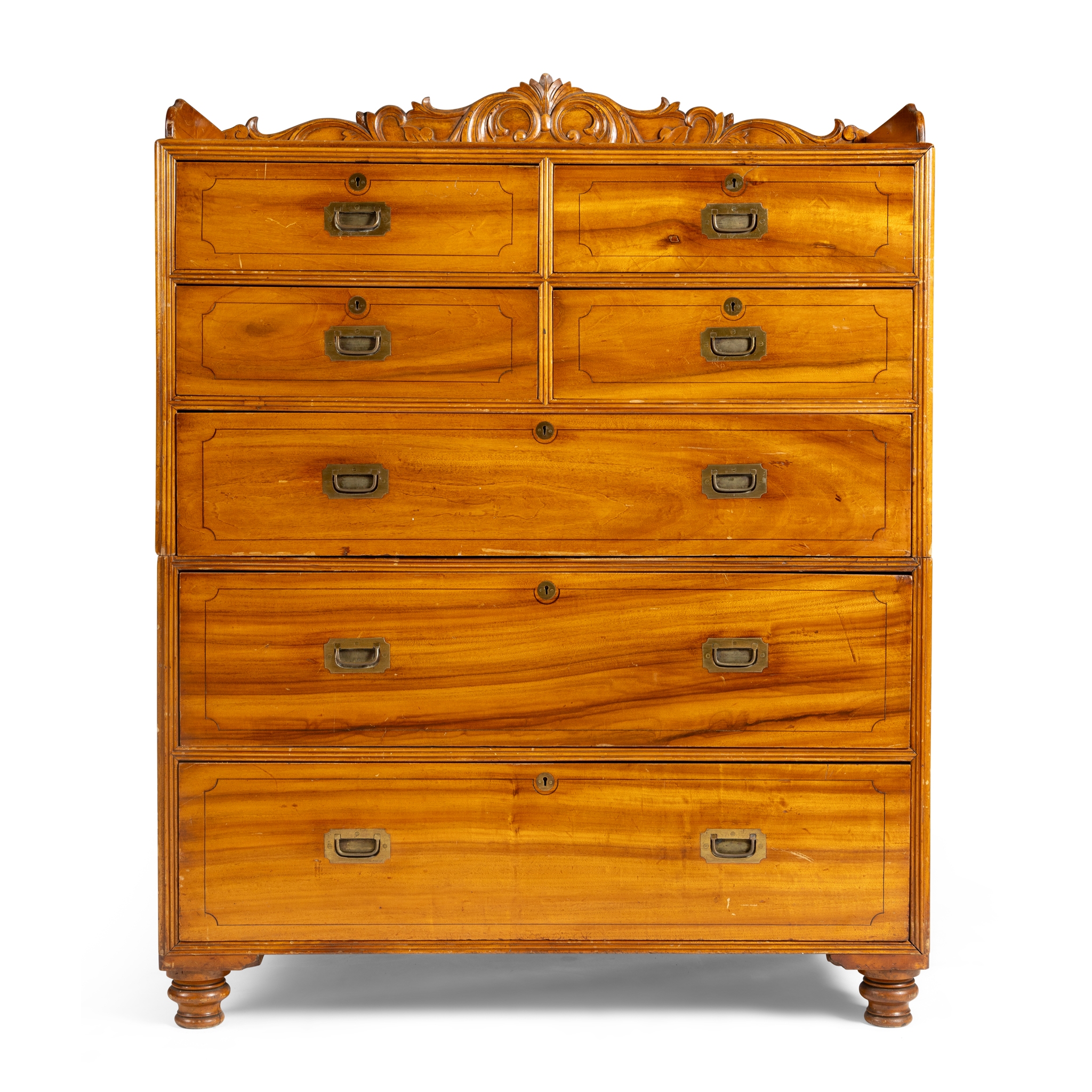 A VICTORIAN CAMPHOR WOOD CAMPAIGN CHEST OF DRAWERS