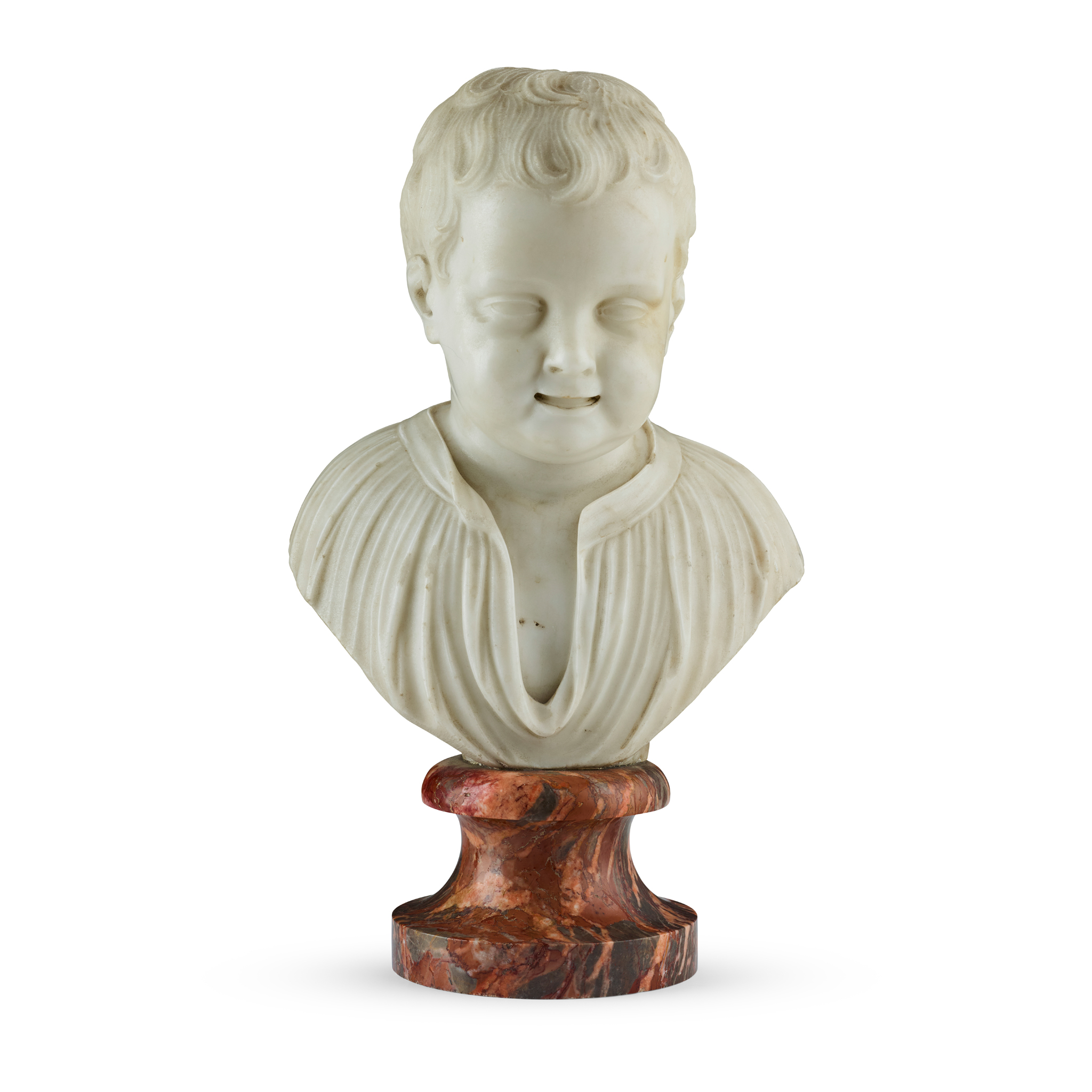 AN ITALIAN WHITE MARBLE BUST OF A LAUGHING BOY