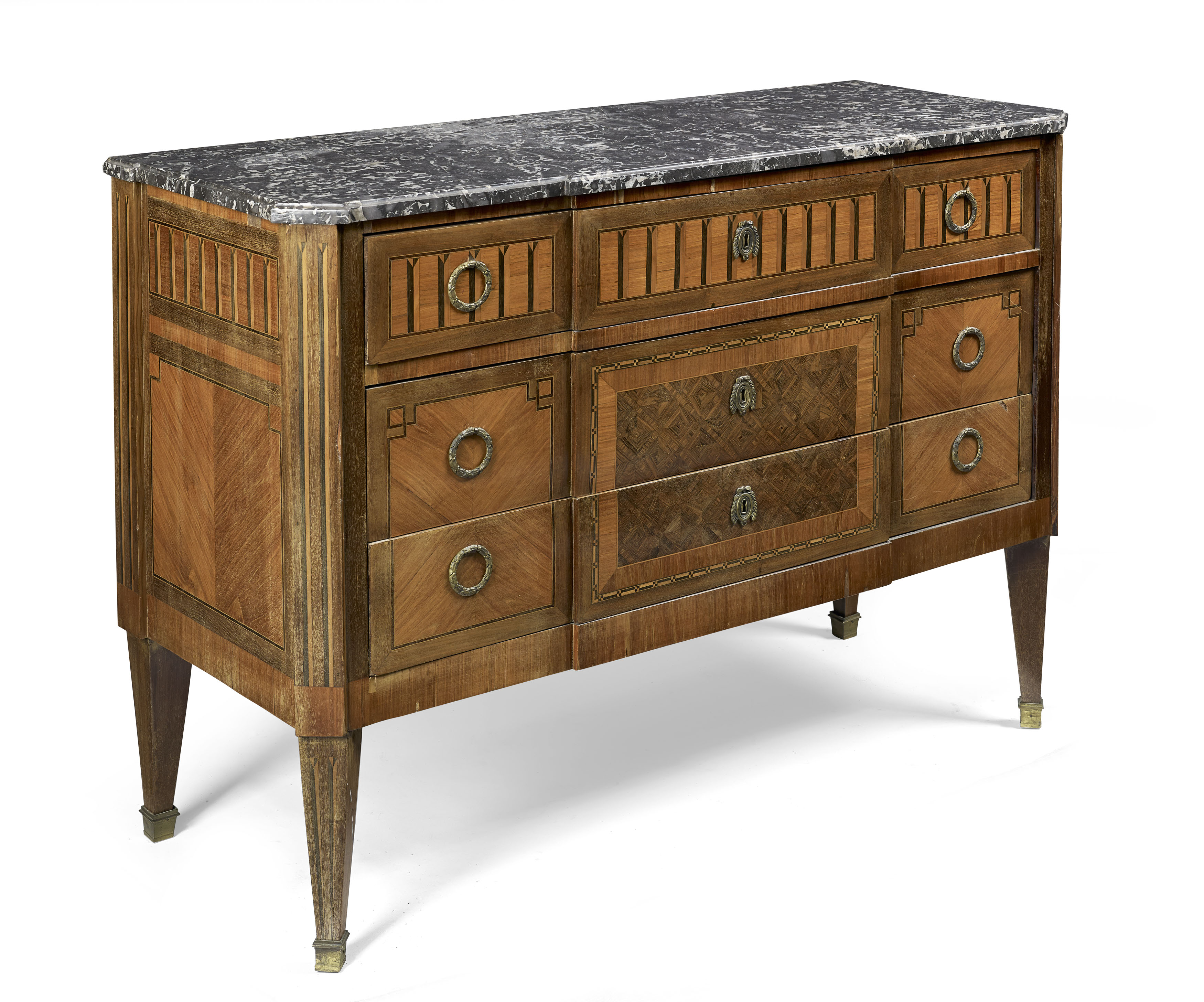 LOUIS XVI STYLE KINGWOOD, TULIPWOOD AND PARQUETRY MARBLE TOP COMMODE