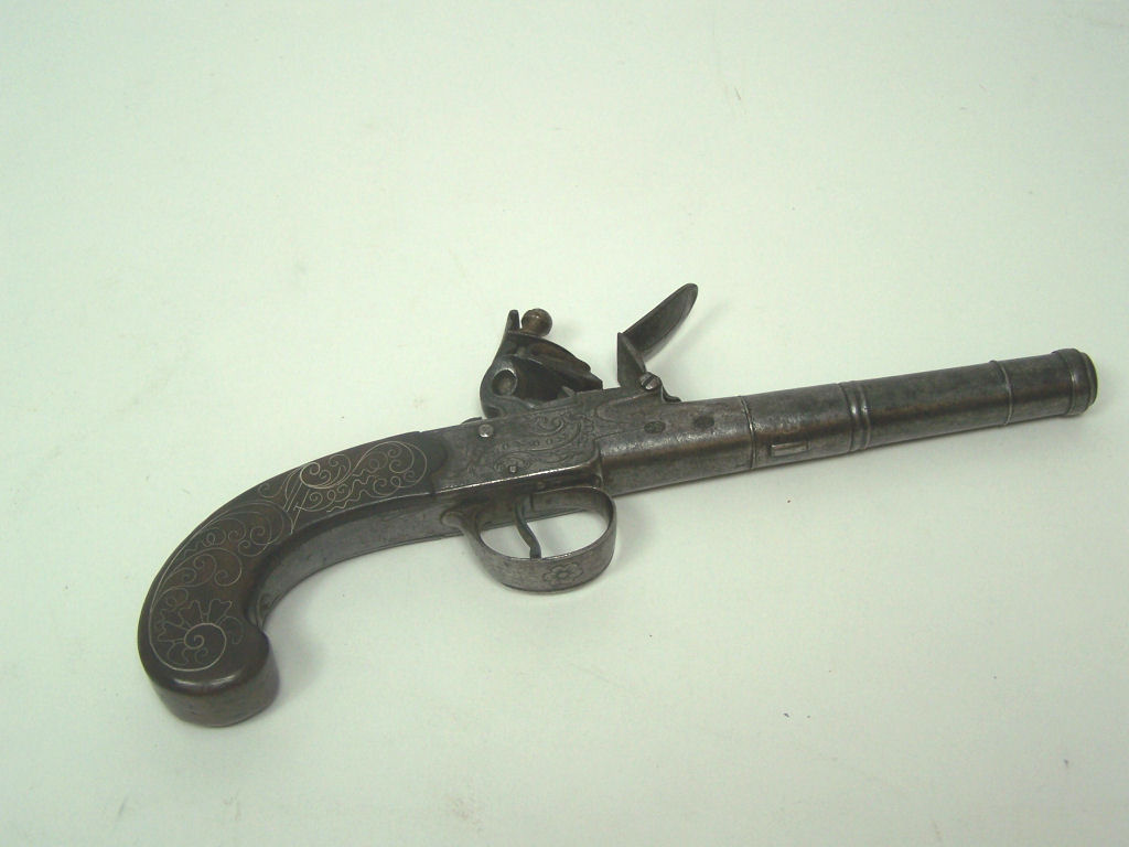 A mid 18th century flintlock boxlock, turnoff cannon barrelled pocket pistol