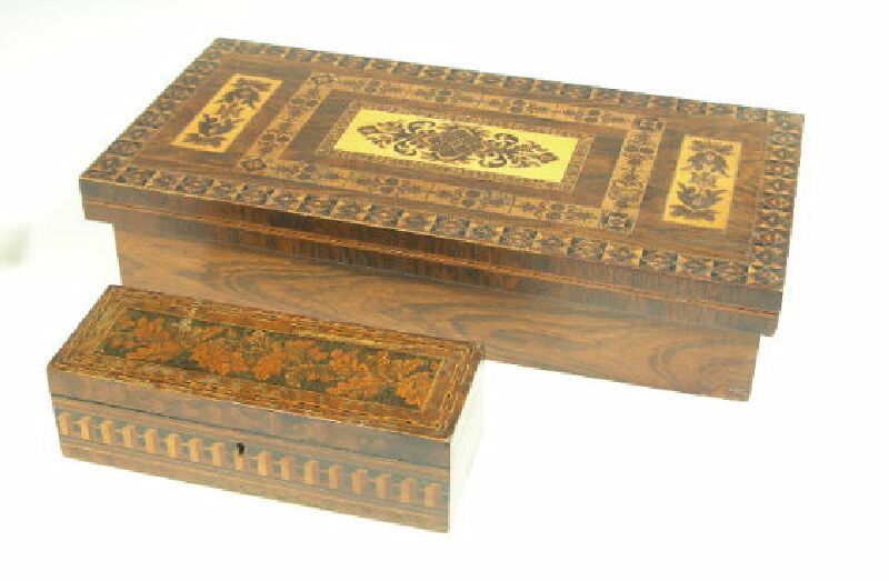 A Tunbridgeware games box by Fenner & Co. Tunbridge Wells