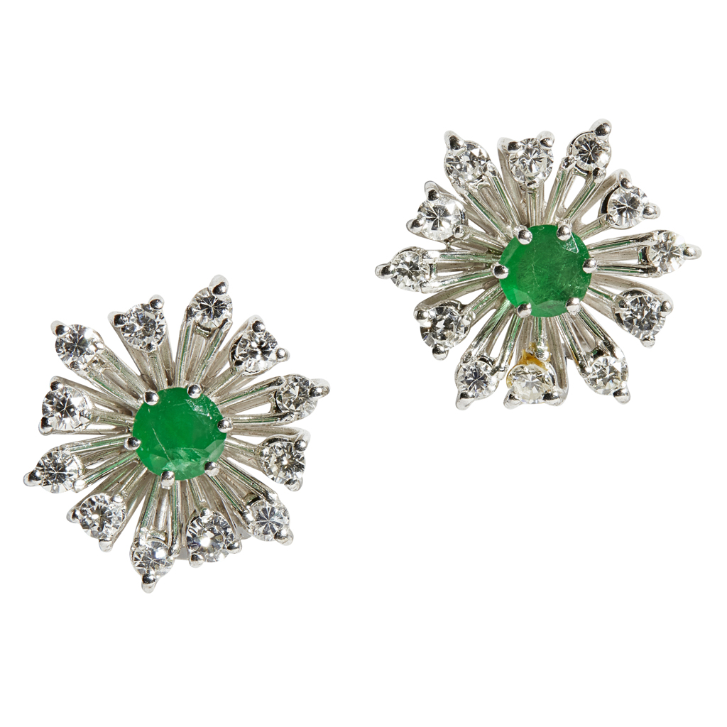 A pair of emerald and diamond set cluster earrings