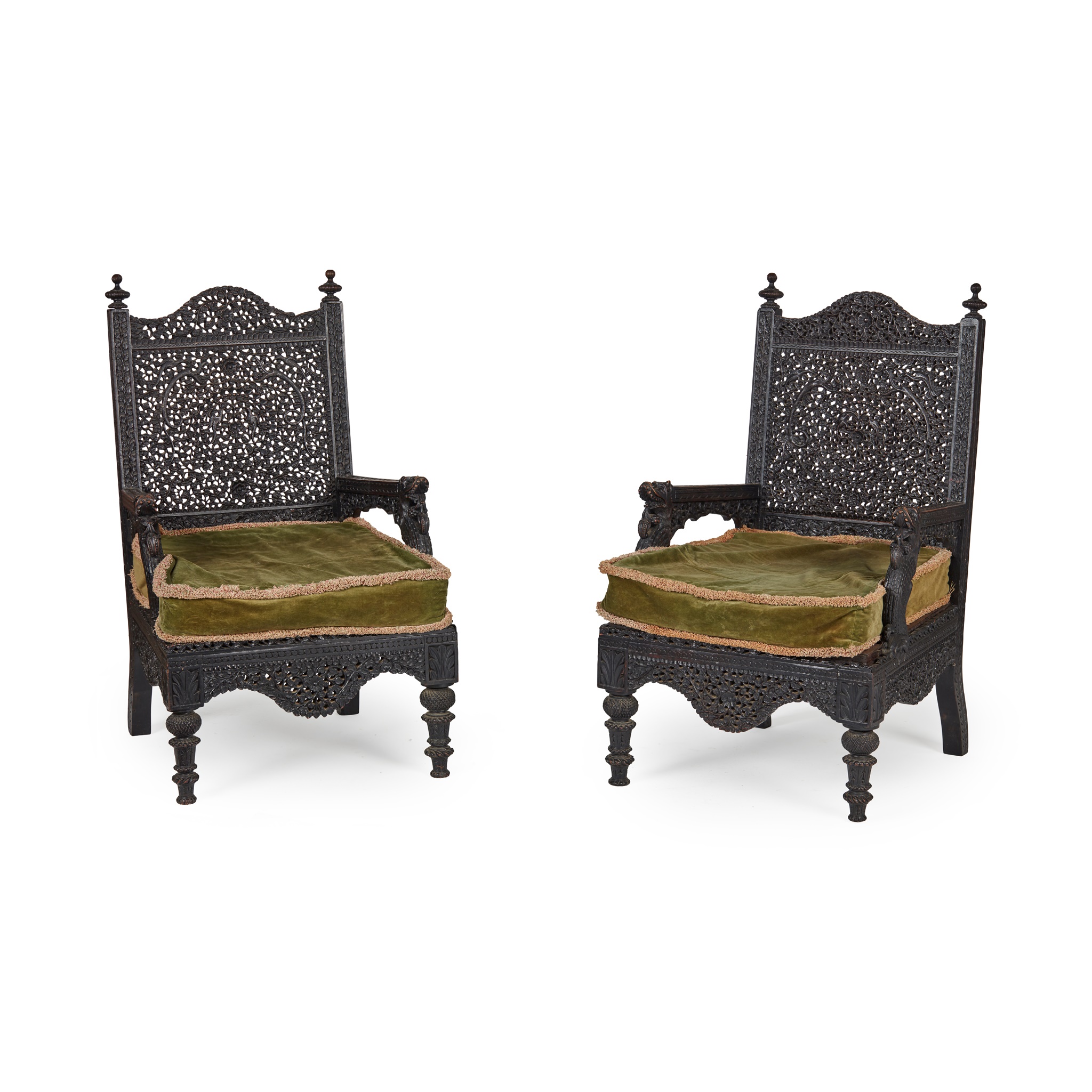 PAIR OF ANGLO BURMESE CARVED HARDWOOD ARMCHAIRS