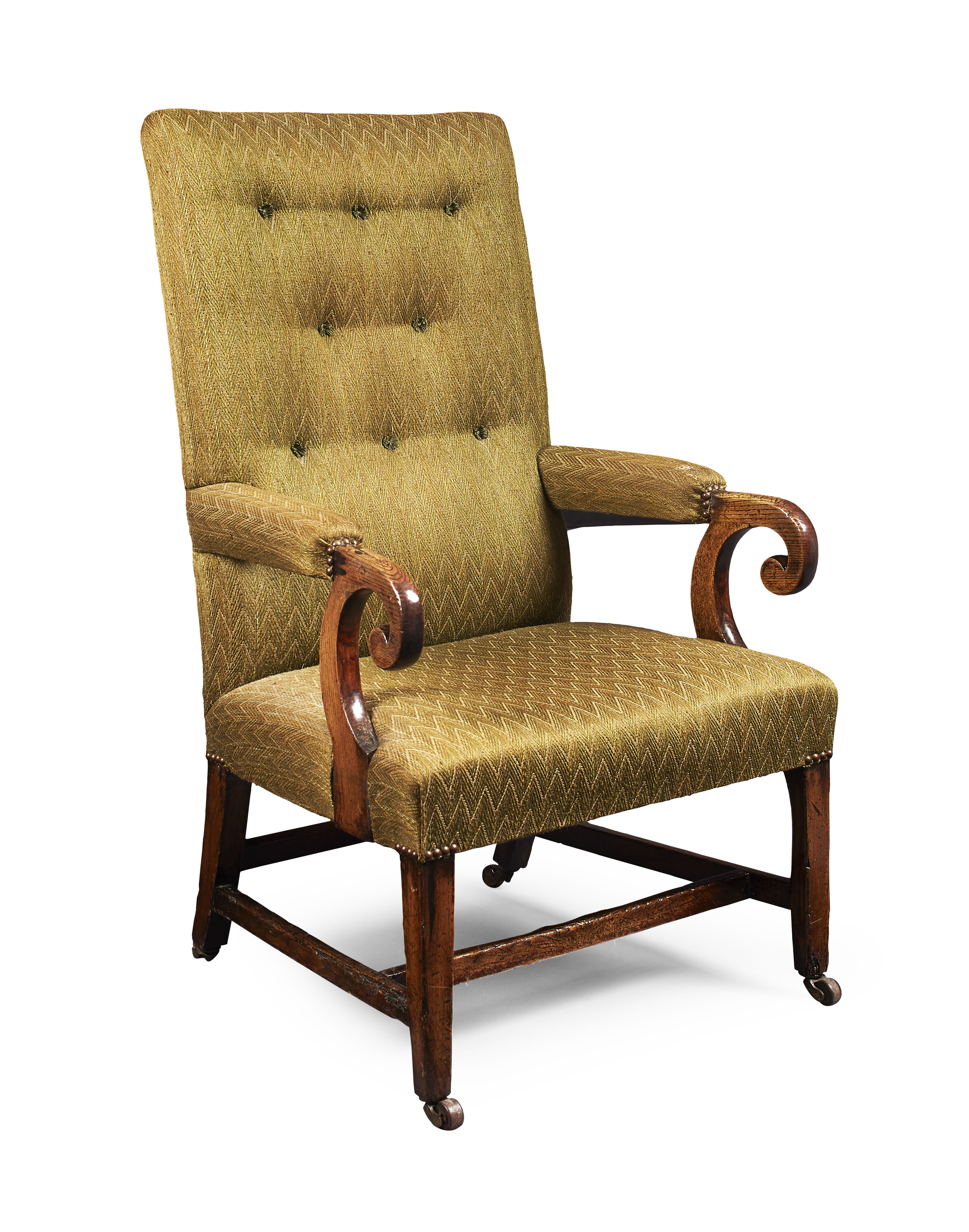 GEORGE III OAK AND UPHOLSTERED OPEN ARMCHAIR