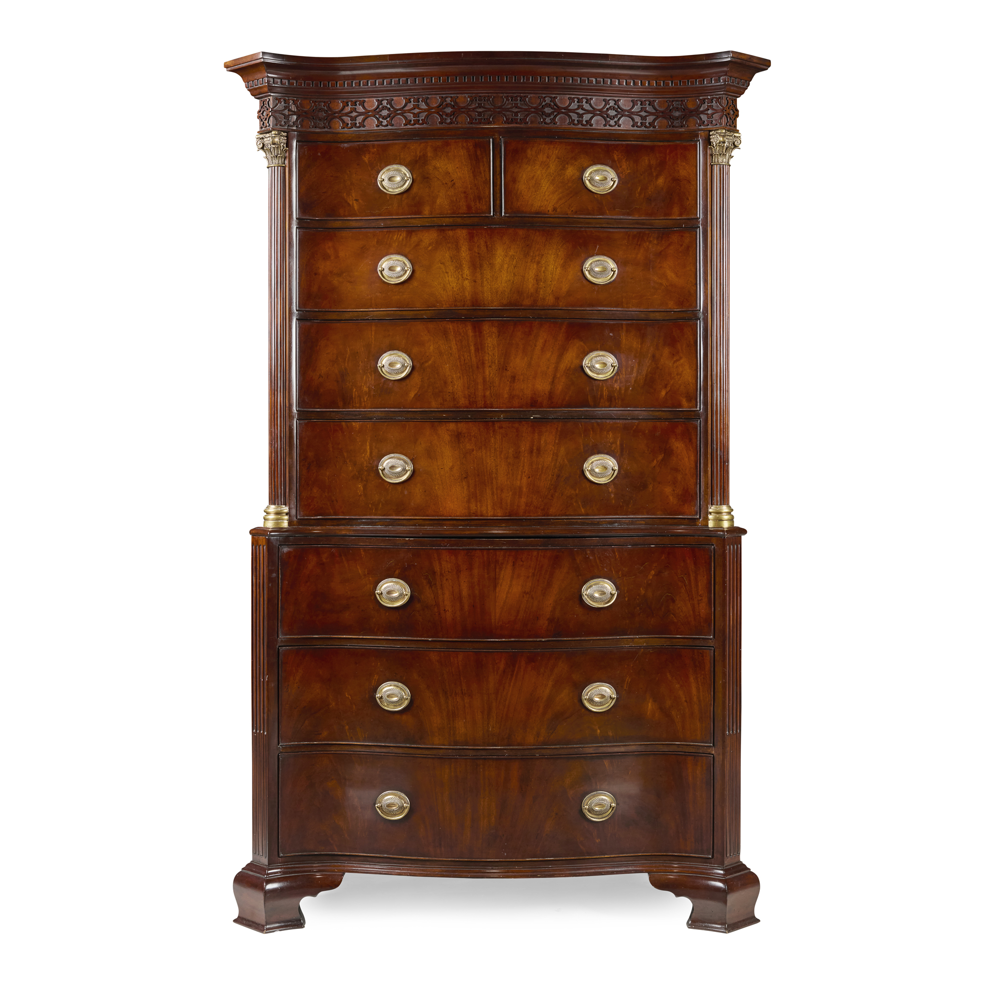 GEORGIAN STYLE MAHOGANY AND BRASS MOUNTED SERPENTINE CHEST ON CHEST