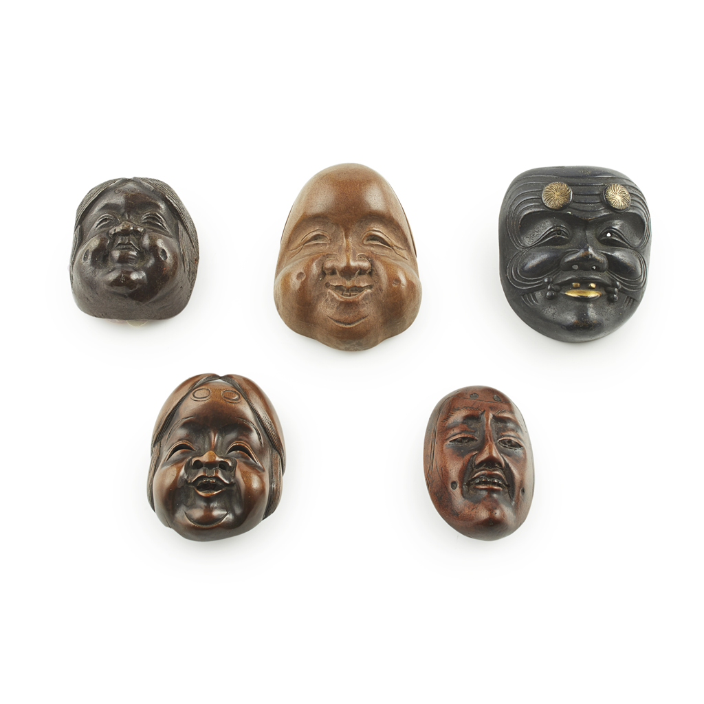 GROUP OF FIVE WOOD AND METAL 'NOH MASK' NETSUKE