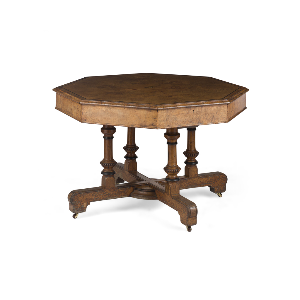 VICTORIAN POLLARD OAK AND EBONY CENTRE TABLE IN THE MANNER OF LAMB OF MANCHESTER