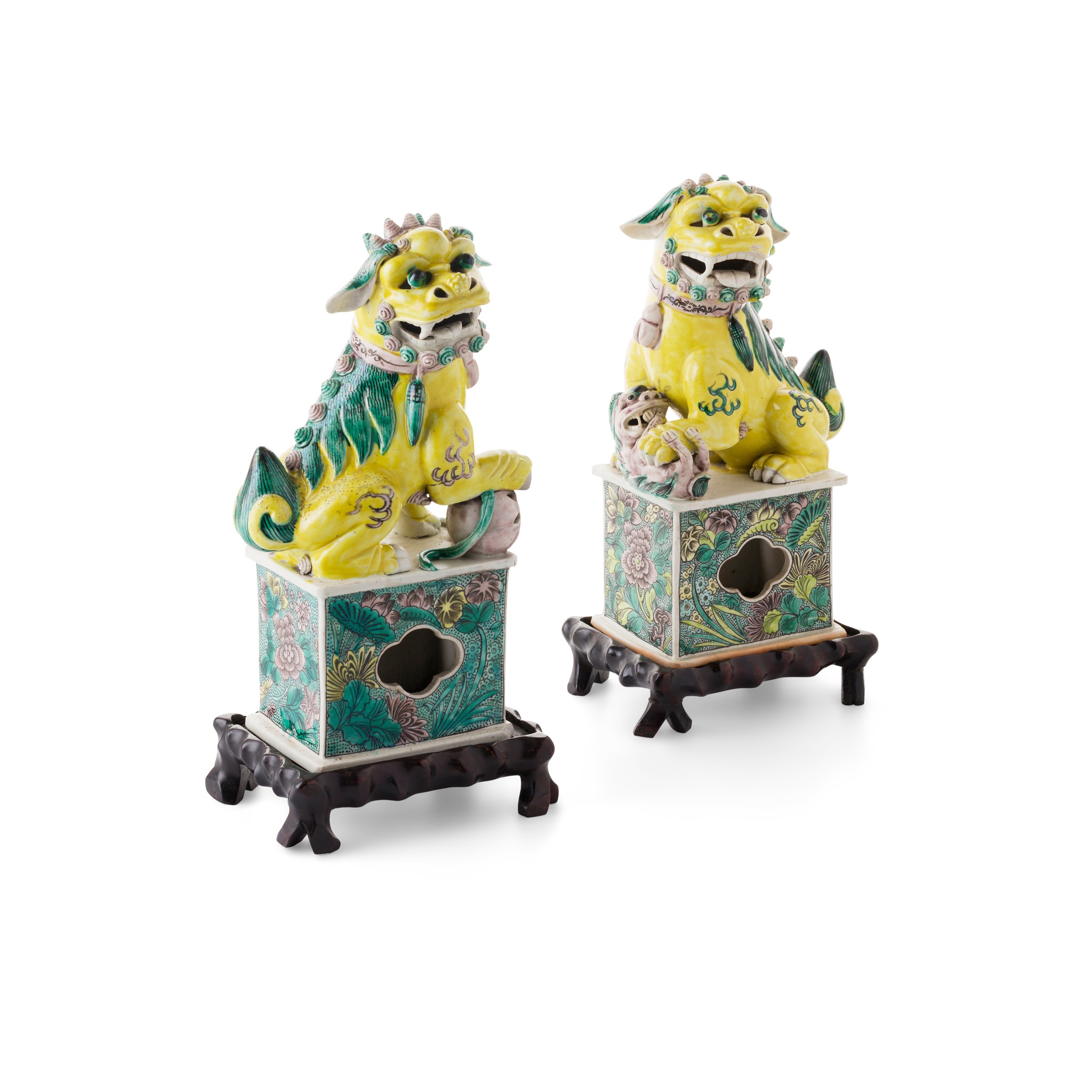PAIR OF SANCAI-GLAZED BISCUIT BUDDHIST LIONS
