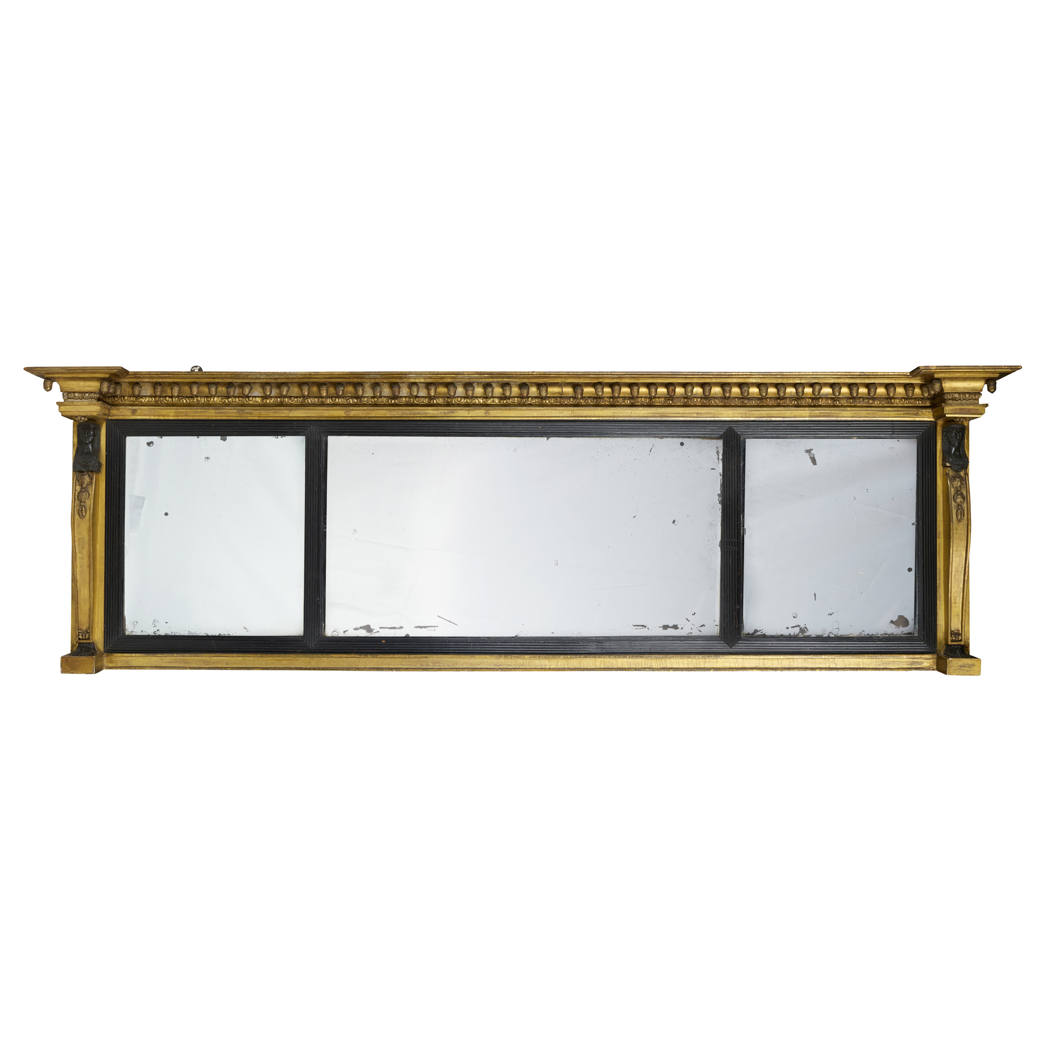 LATE REGENCY EGYPTIAN REVIVAL GILTWOOD AND EBONISED TRIPLE PLATE OVERMANTEL MIRROR