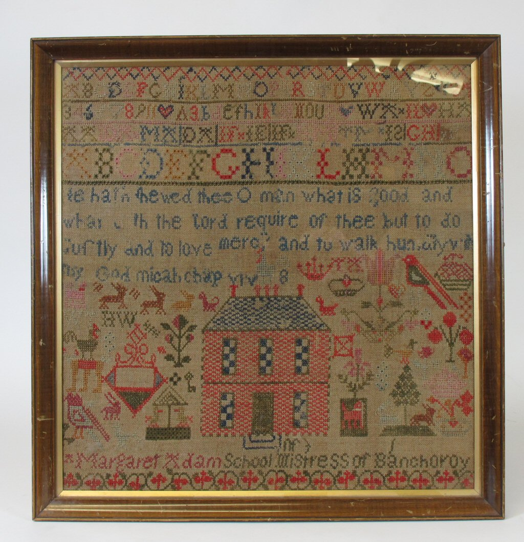 SCOTTISH NEEDLEWORK SAMPLER, BY MARGARET ADAM, SCHOOL MISTRESS OF BANCHORY