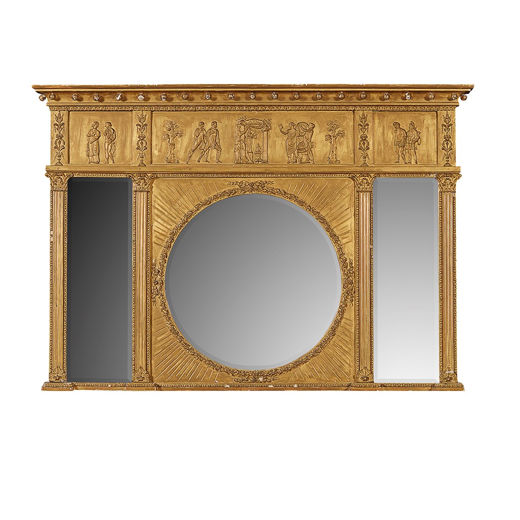 REGENCY GILTWOOD AND GESSO TRIPTYCH OVERMANTEL MIRROR