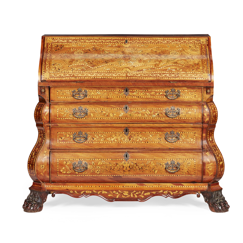 DUTCH WALNUT AND MARQUETRY BOMBE BUREAU