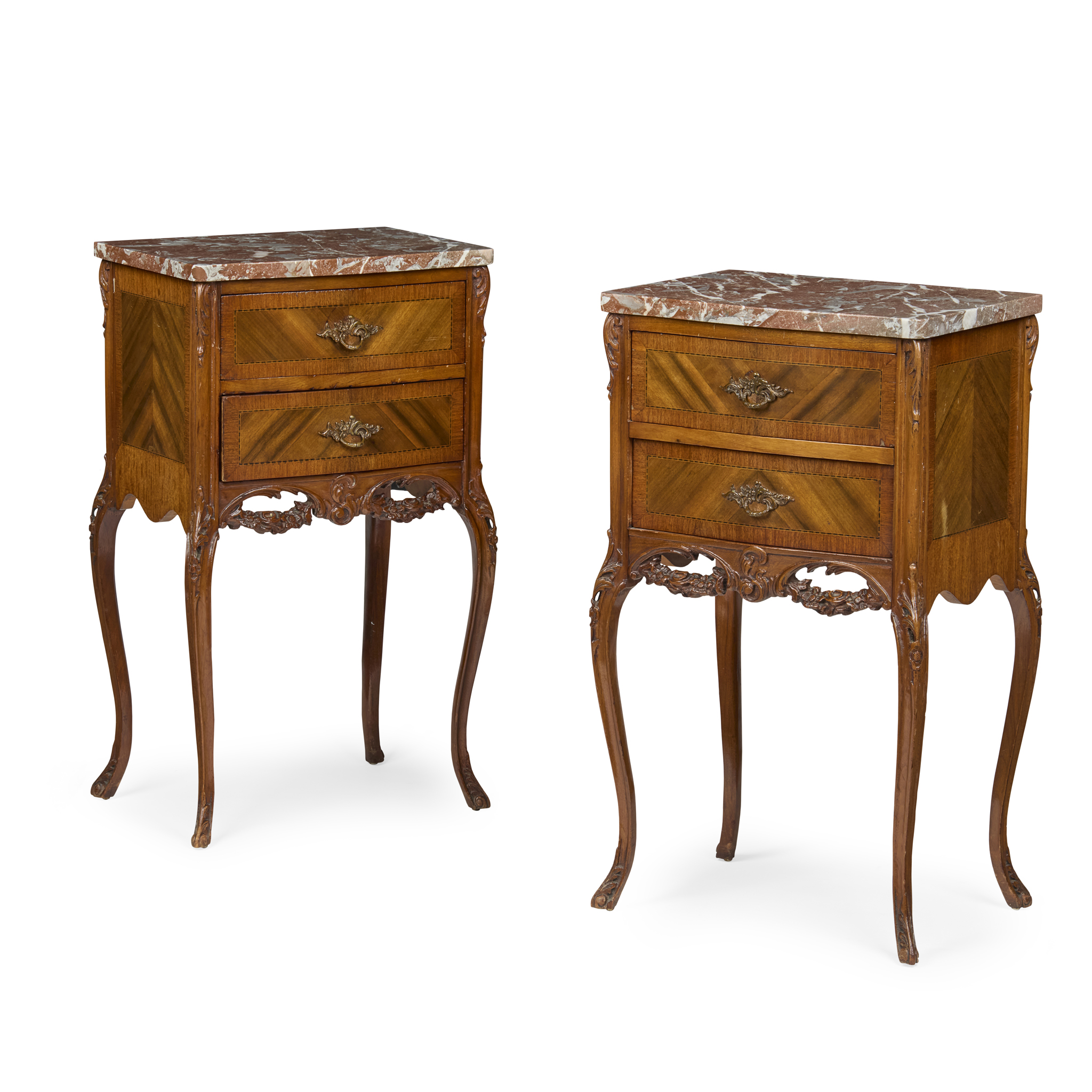 PAIR OF FRENCH ROCOCO STYLE MAHOGANY BEDSIDE TABLES