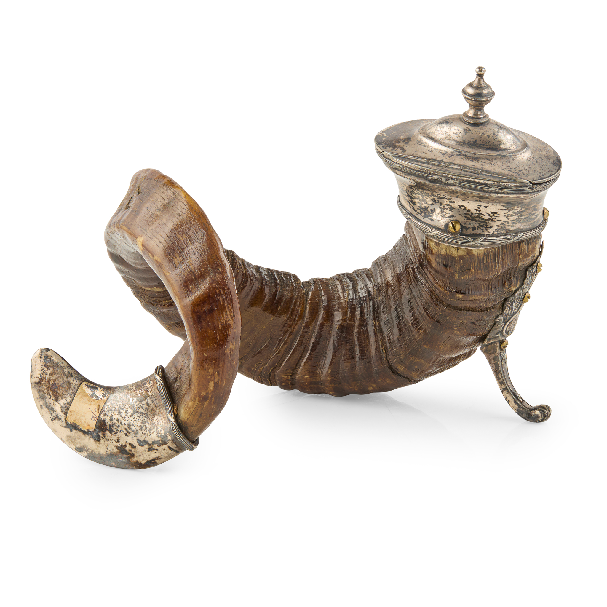 A VICTORIAN SILVER PLATED RAMS HORN TABLE SNUFF MULL