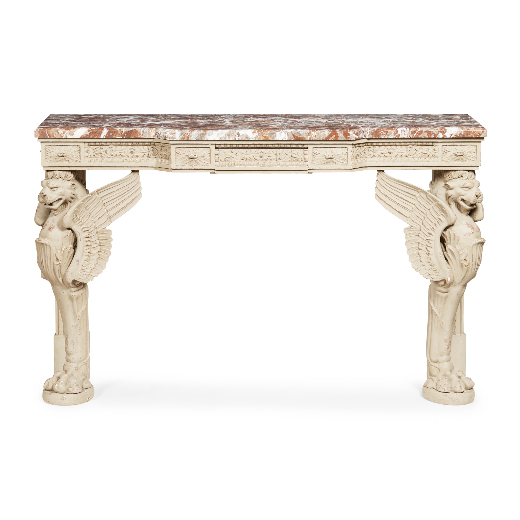 FRENCH MARBLE TOPPED AND PAINTED CONSOLE TABLE
