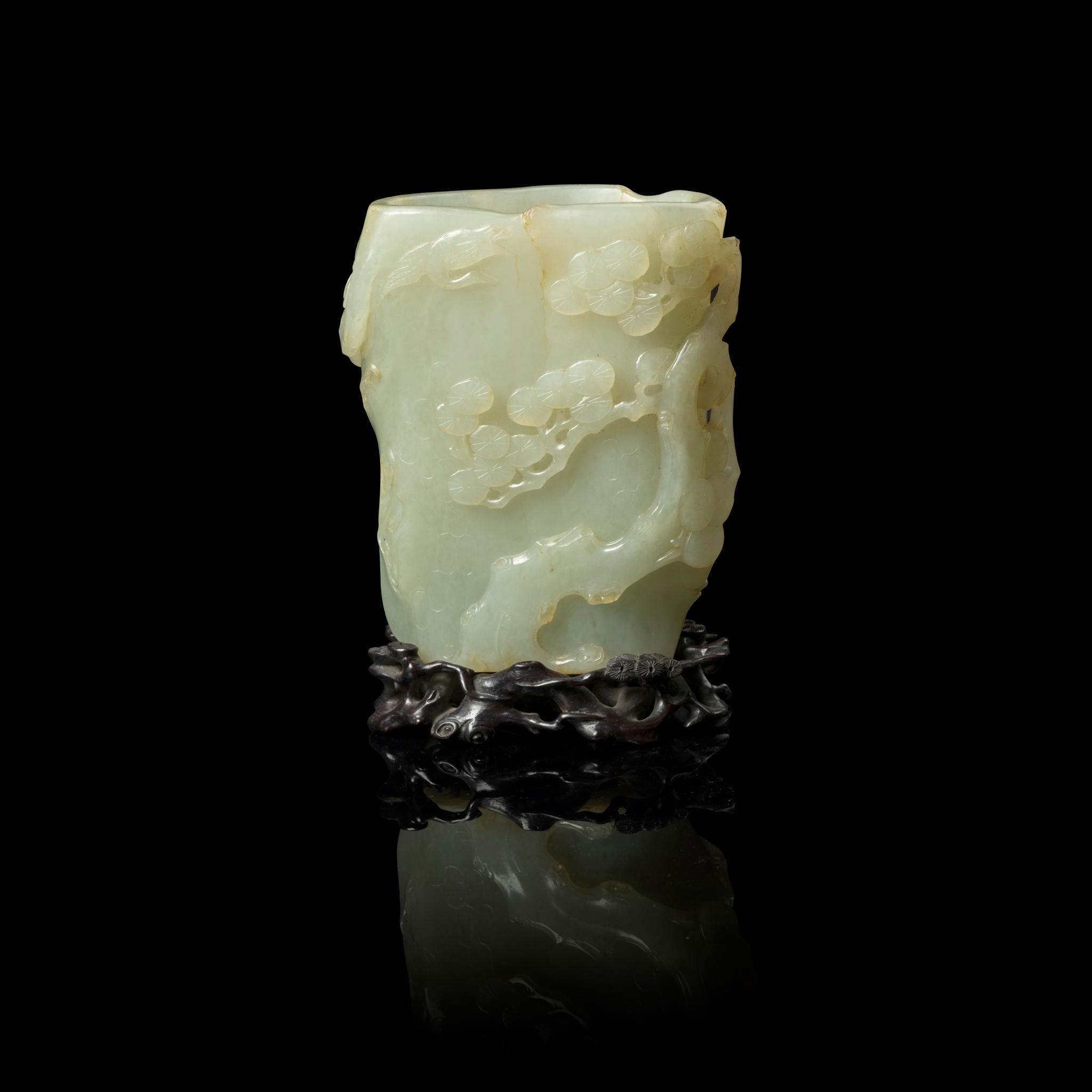 PALE CELADON JADE 'PINE TREE AND CRANE' BRUSH POT