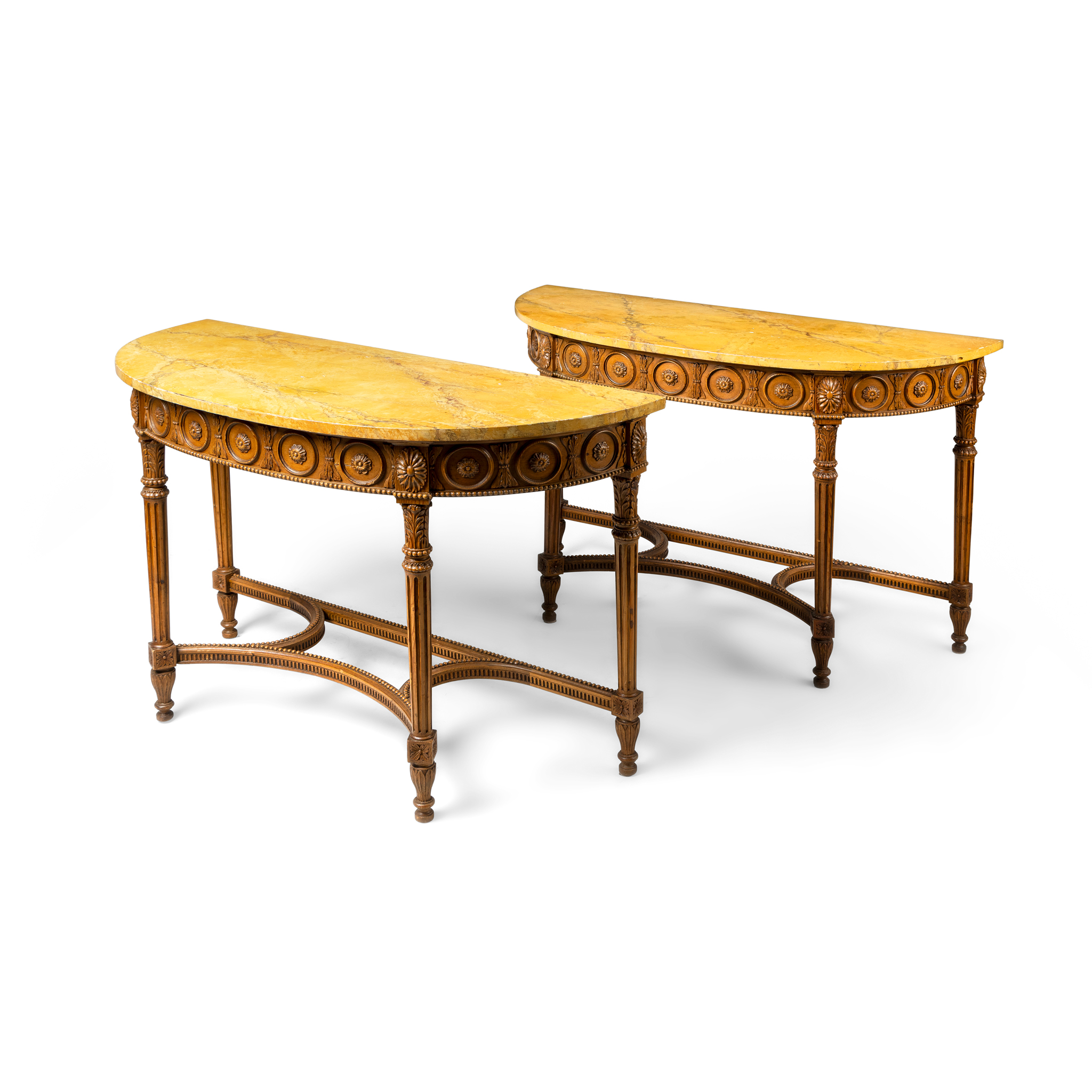 A PAIR OF PINE AND SCAGIOLA DEMI LUNE CONSOLE TABLES
