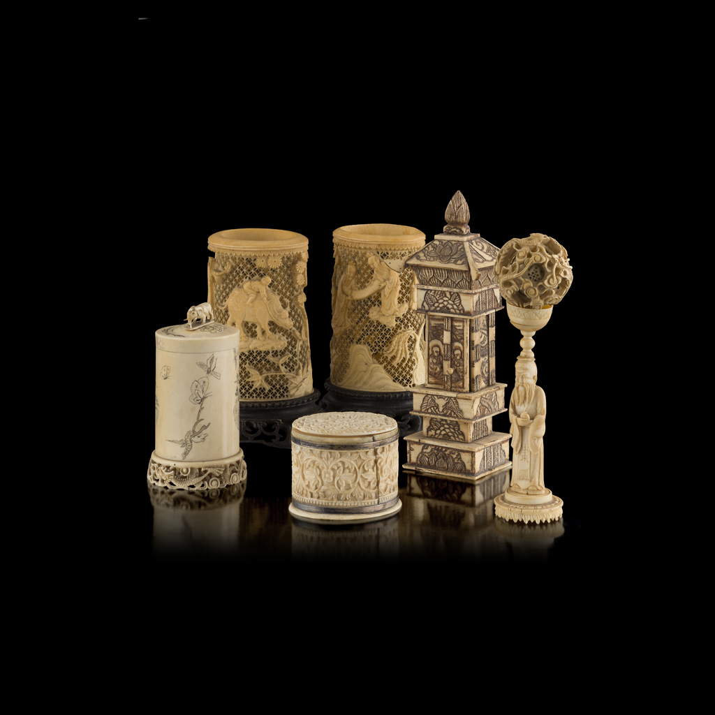 PAIR OF CARVED AND PIERCED IVORY BRUSHPOTS