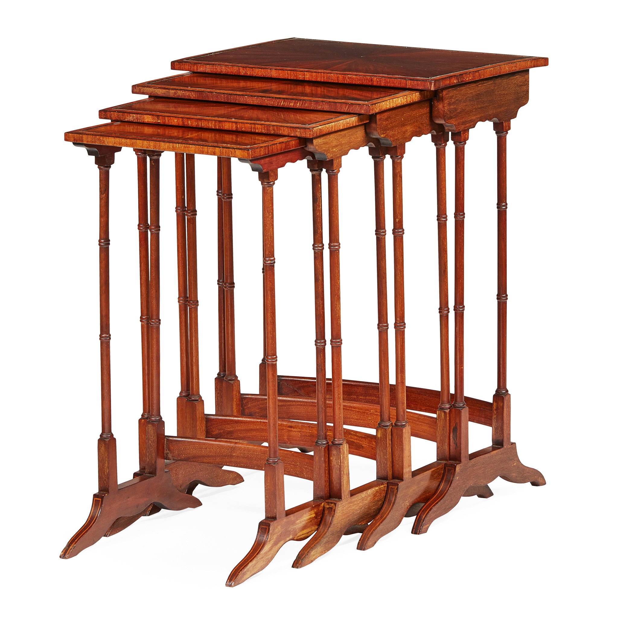 SET OF REGENCY STYLE MAHOGANY AND SATINWOOD BANDED NESTING TABLES