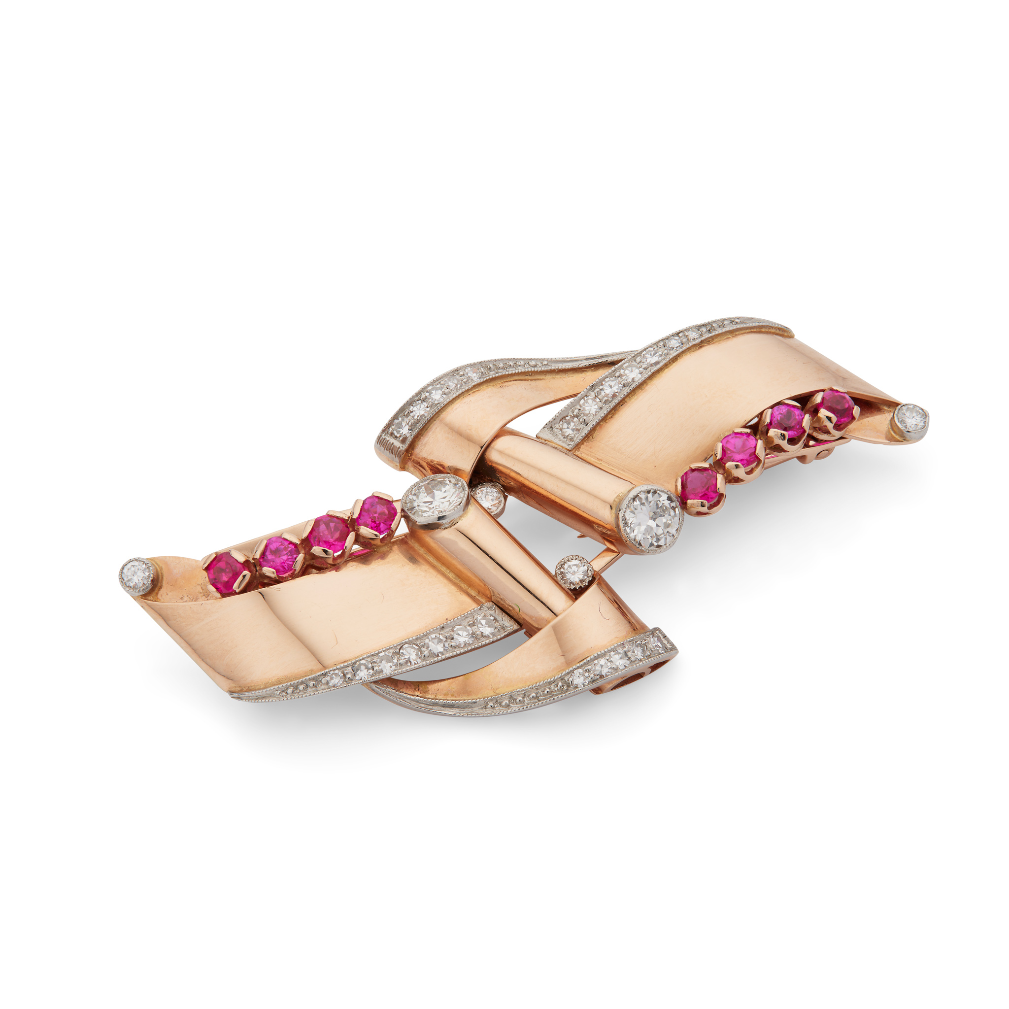 A rose gold, ruby and diamond double-clip brooch, circa 1950