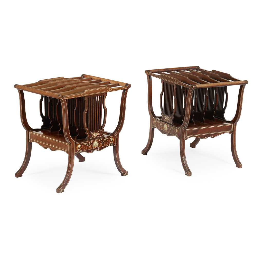 PAIR OF EDWARDIAN MAHOGANY, SATINWOOD AND IVORY INLAID CANTERBURYS